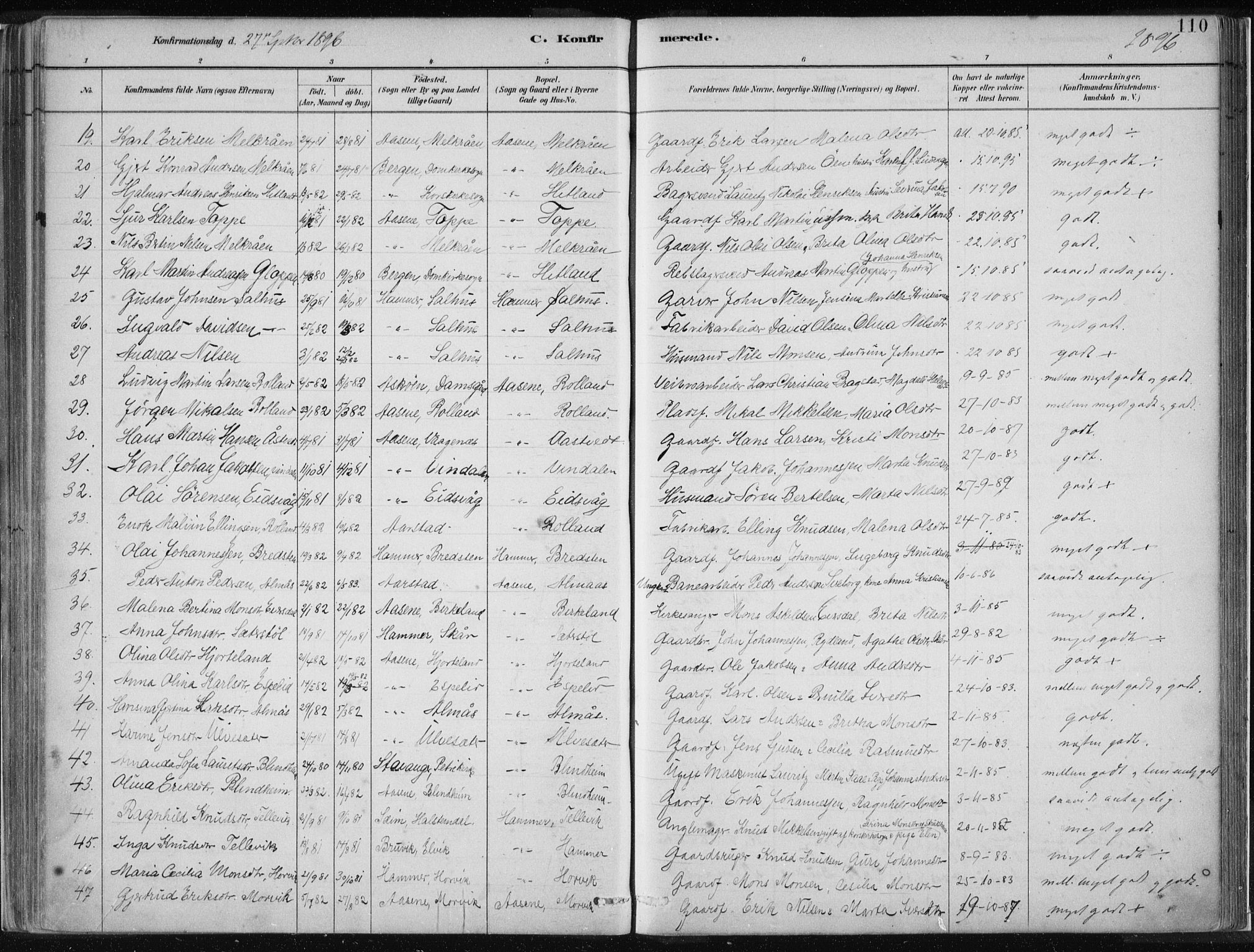 Hamre sokneprestembete, AV/SAB-A-75501/H/Ha/Haa/Haad/L0001: Parish register (official) no. D  1, 1882-1906, p. 110