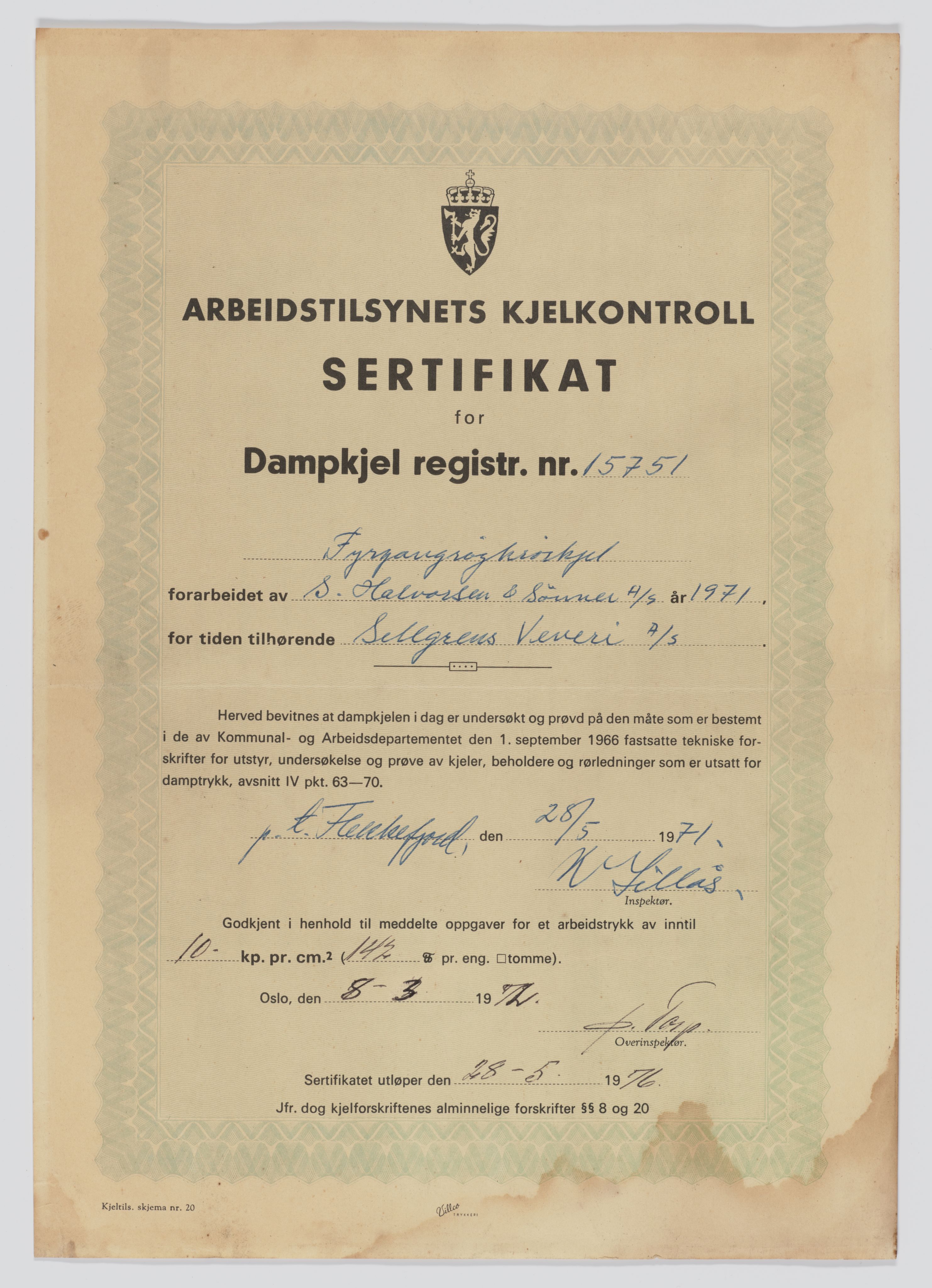Tingvoll Ullvarefabrikk, IKAM/P-00482/U/Ua/L0001/0008: Bilder / Sertifikat for dampkjelen, 1957-1971