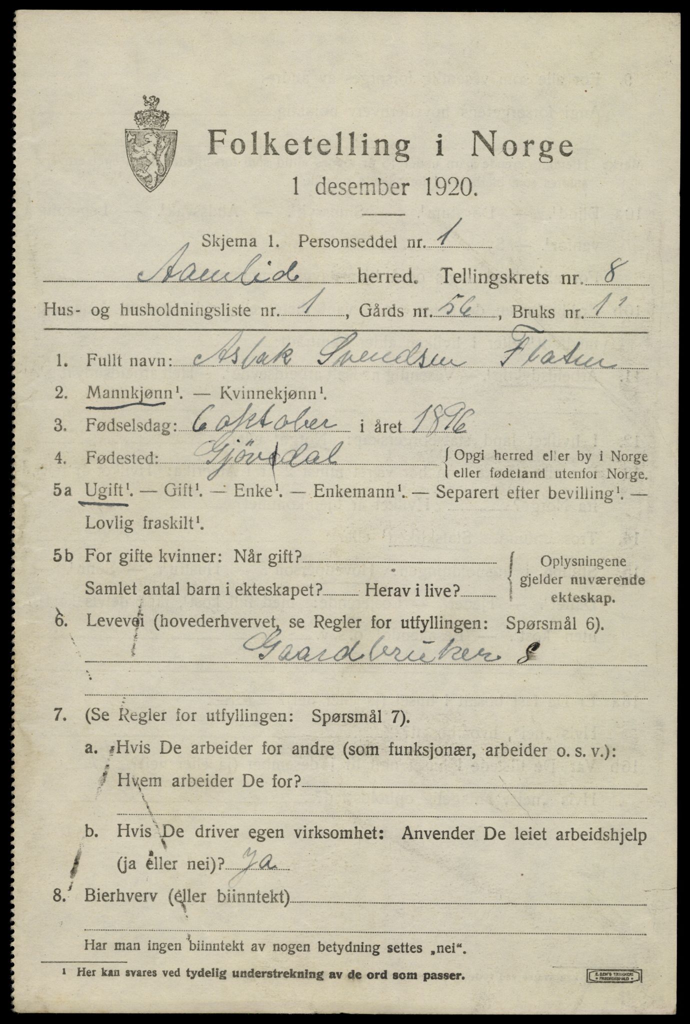 SAK, 1920 census for Åmli, 1920, p. 3185