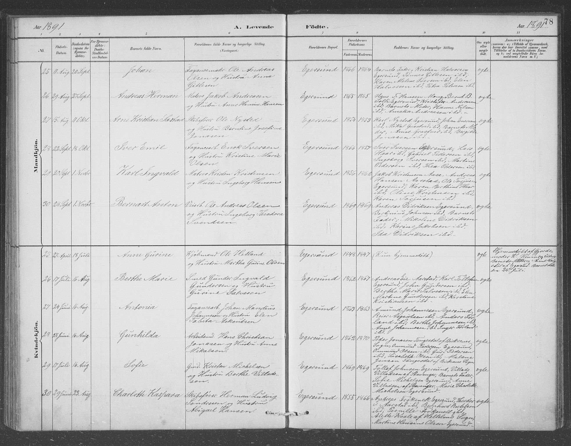 Eigersund sokneprestkontor, AV/SAST-A-101807/S09/L0008: Parish register (copy) no. B 8, 1882-1892, p. 78