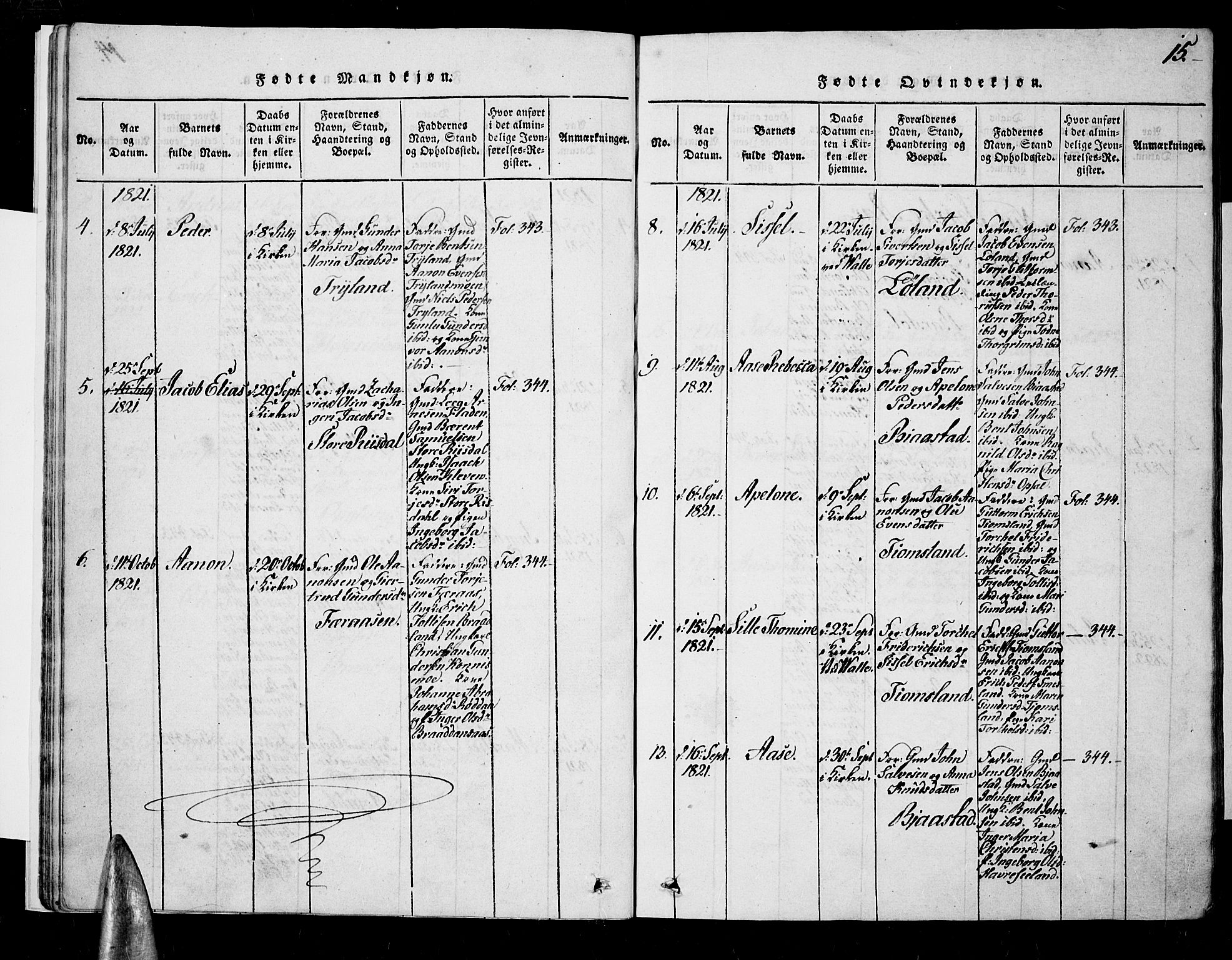 Nord-Audnedal sokneprestkontor, SAK/1111-0032/F/Fa/Fab/L0001: Parish register (official) no. A 1, 1816-1858, p. 15