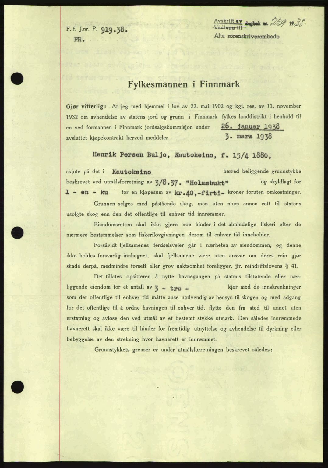 Alta fogderi/sorenskriveri, SATØ/SATØ-5/1/K/Kd/L0031pantebok: Mortgage book no. 31, 1938-1939, Diary no: : 239/1938