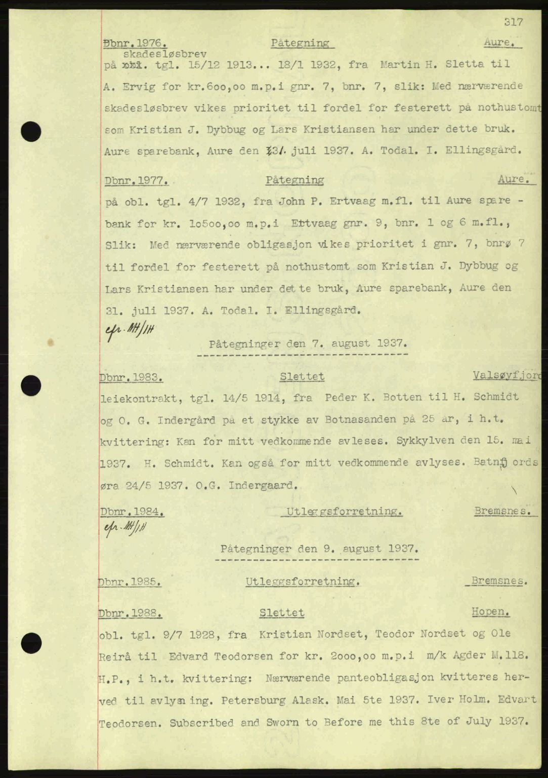 Nordmøre sorenskriveri, AV/SAT-A-4132/1/2/2Ca: Mortgage book no. C80, 1936-1939, Diary no: : 1976/1937