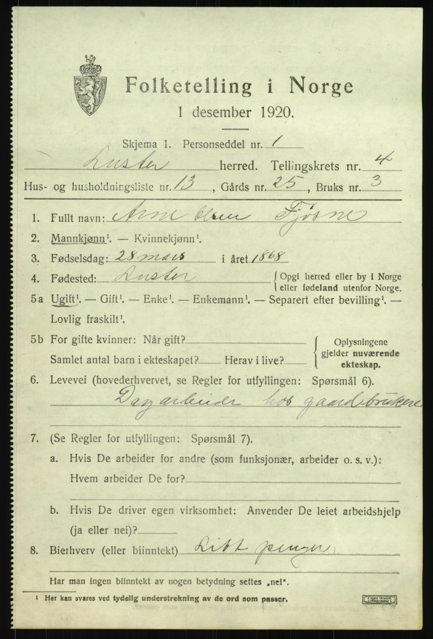 SAB, 1920 census for Luster, 1920, p. 3142