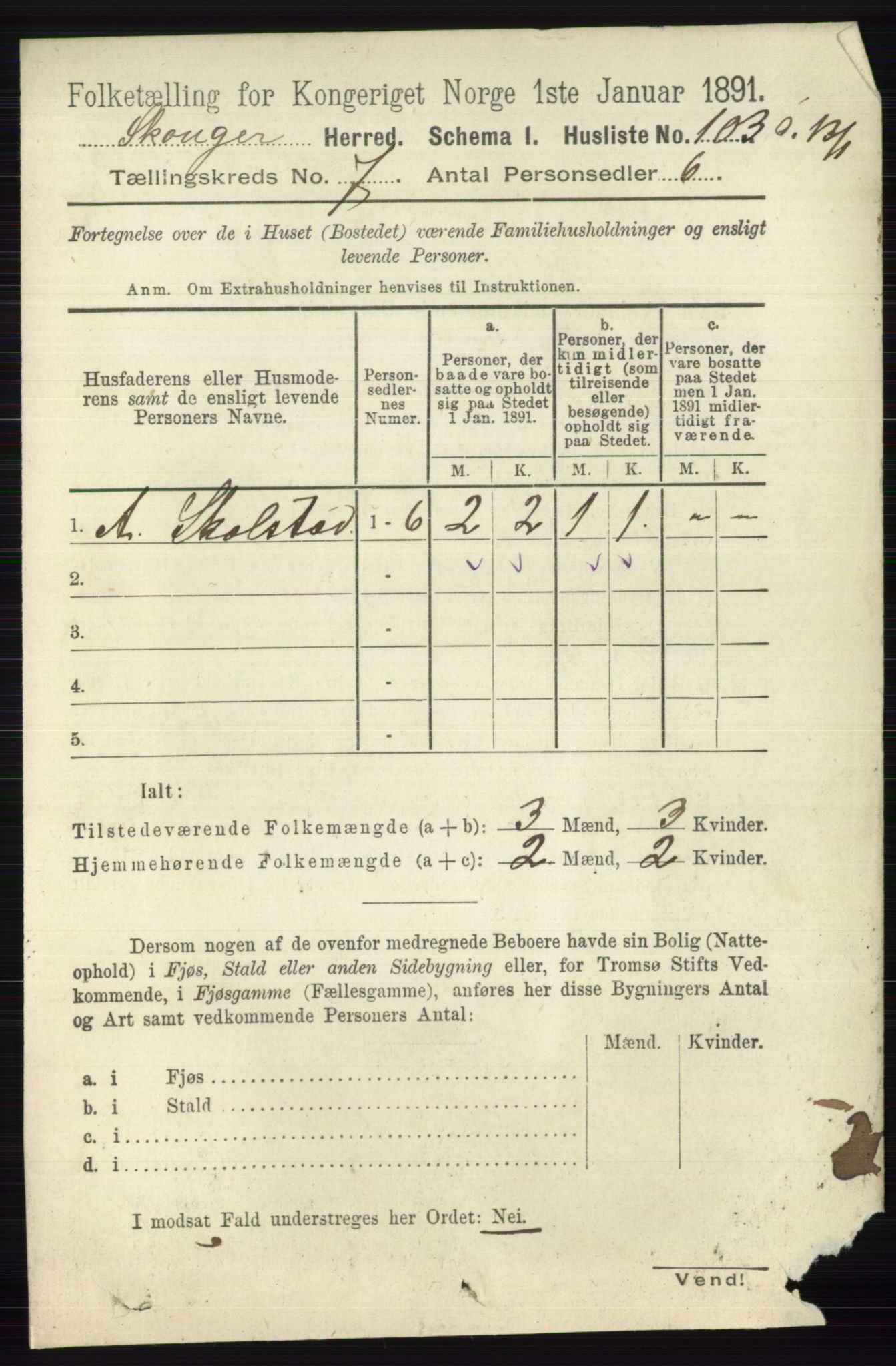 RA, 1891 census for 0712 Skoger, 1891, p. 3843