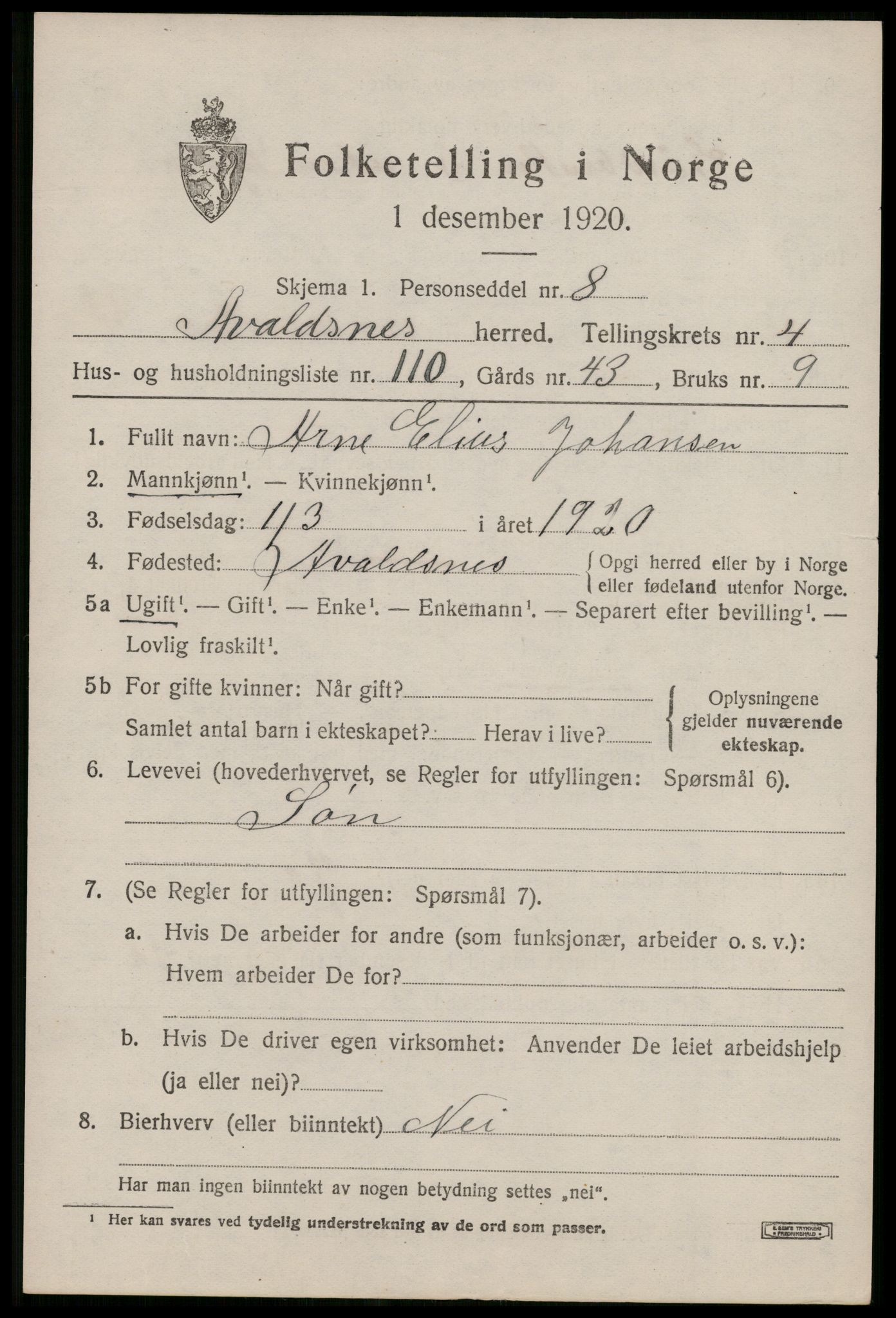 SAST, 1920 census for Avaldsnes, 1920, p. 5161