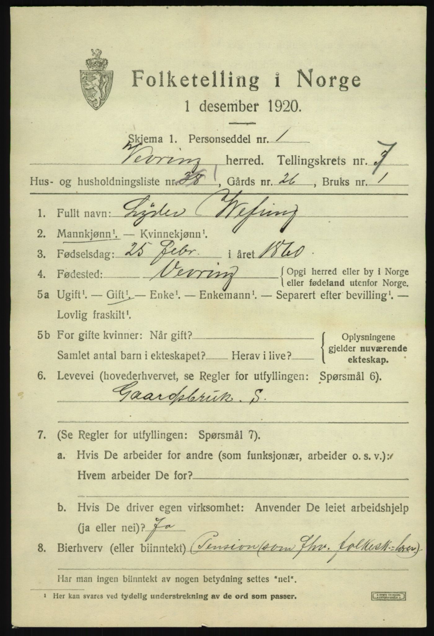 SAB, 1920 census for Vevring, 1920, p. 1934