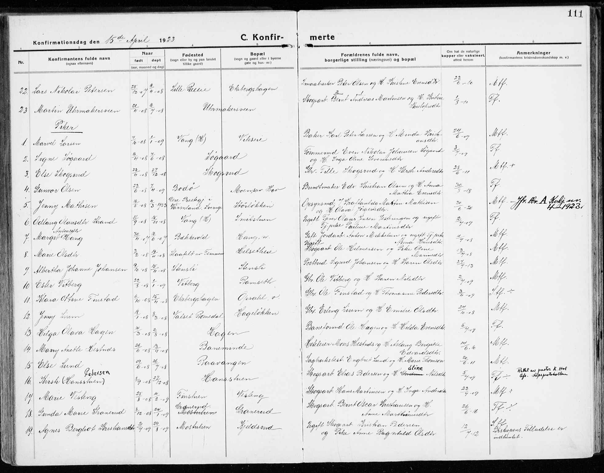 Stange prestekontor, AV/SAH-PREST-002/K/L0025: Parish register (official) no. 25, 1921-1945, p. 111