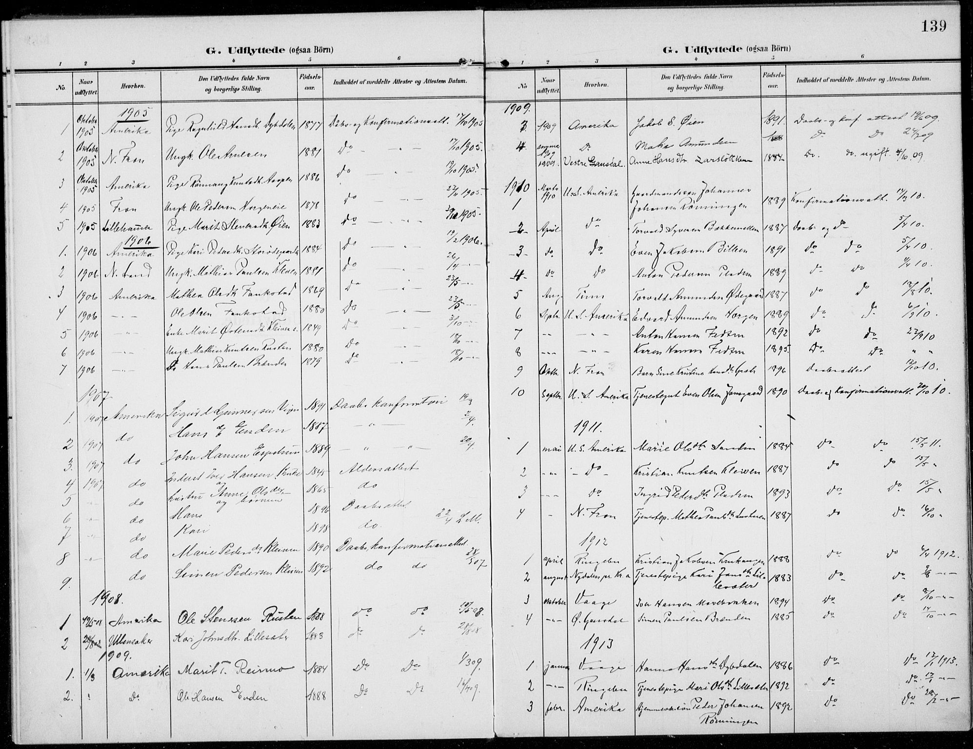 Sel prestekontor, SAH/PREST-074/H/Ha/Haa/L0001: Parish register (official) no. 1, 1905-1922, p. 139