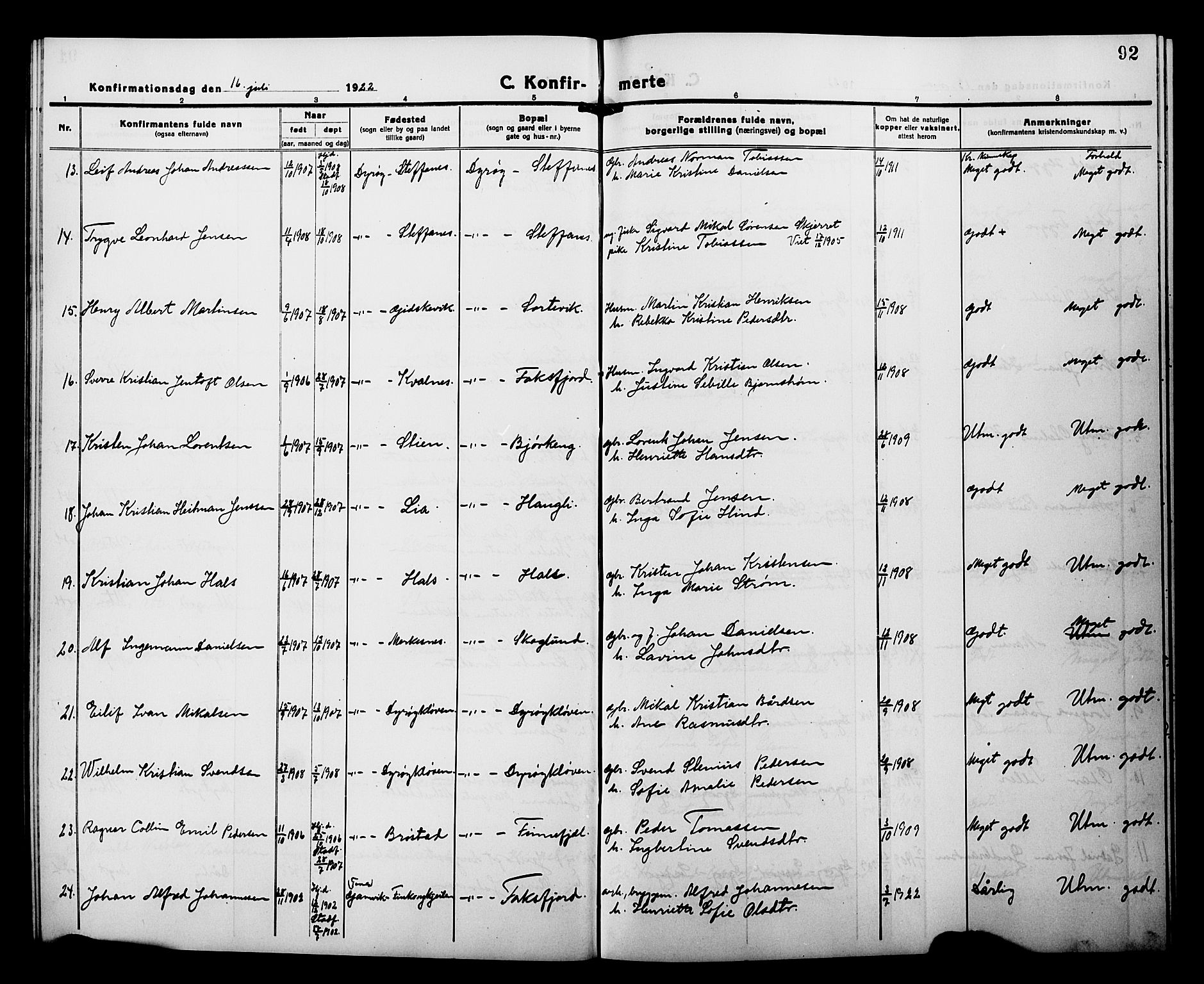 Tranøy sokneprestkontor, AV/SATØ-S-1313/I/Ia/Iab/L0015klokker: Parish register (copy) no. 15, 1918-1930, p. 92