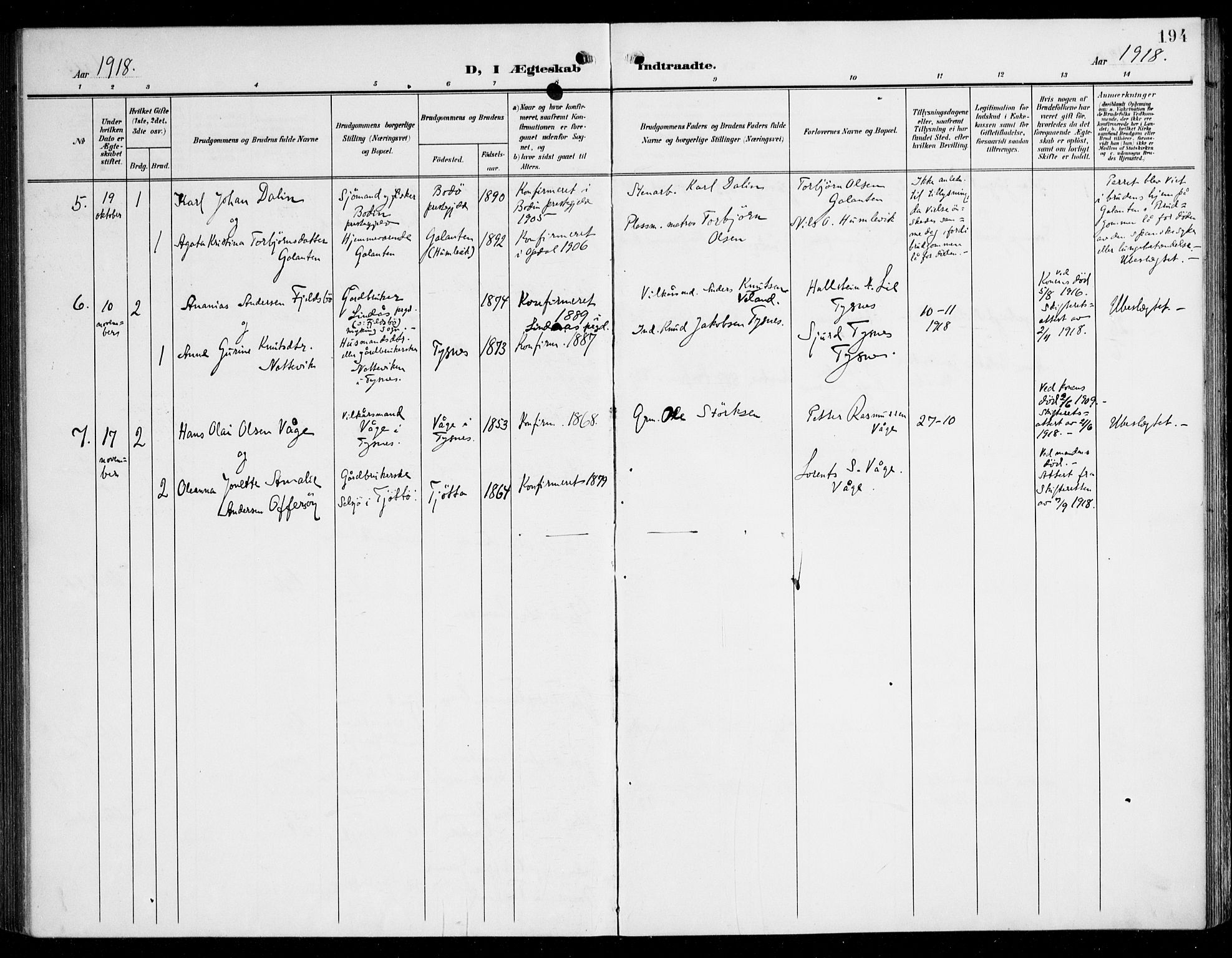 Tysnes sokneprestembete, SAB/A-78601/H/Haa: Parish register (official) no. B 2, 1907-1925, p. 194