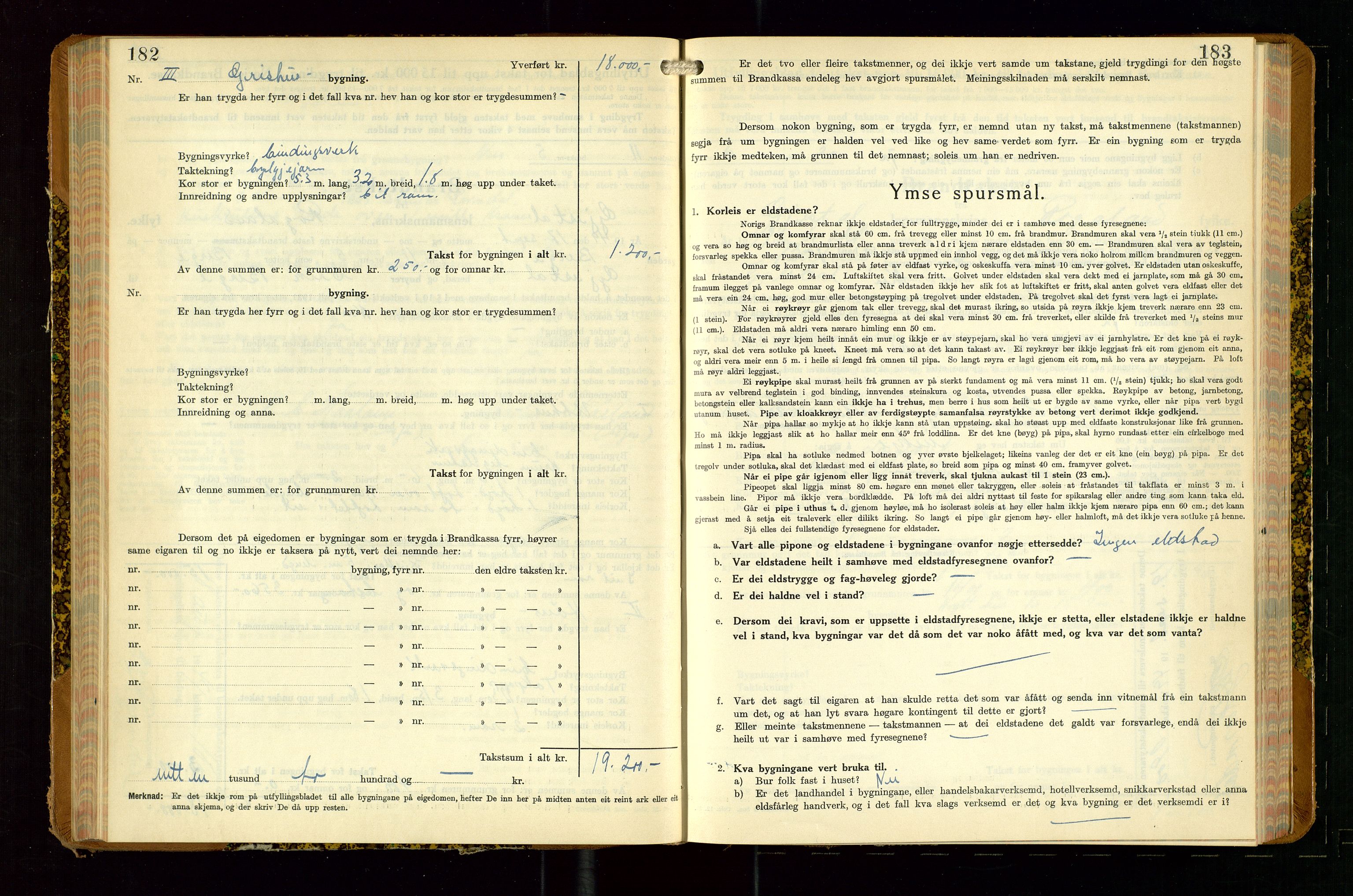 Gjesdal lensmannskontor, SAST/A-100441/Go/L0008: Branntakstskjemaprotokoll, 1937-1955, p. 182-183