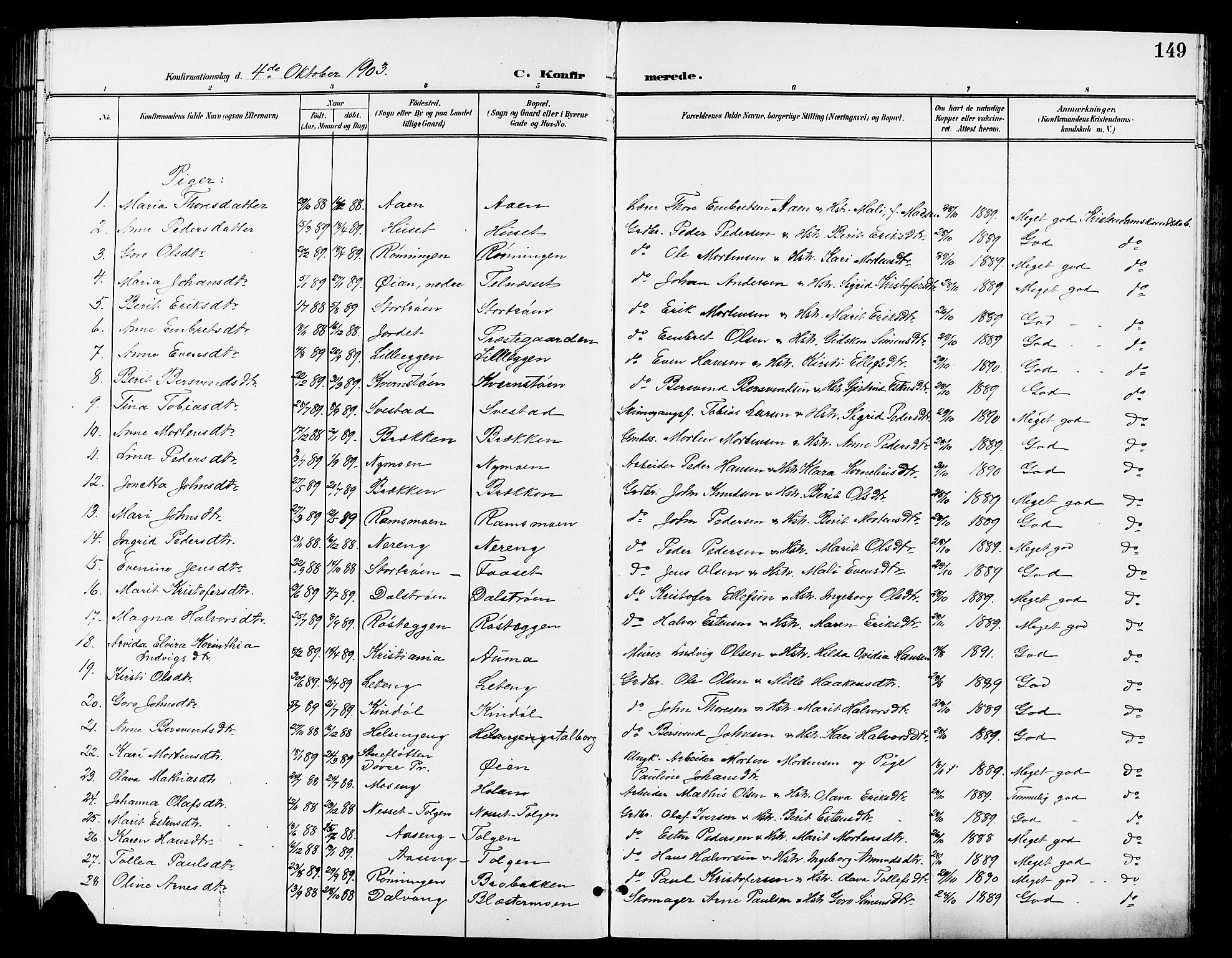 Tynset prestekontor, AV/SAH-PREST-058/H/Ha/Hab/L0009: Parish register (copy) no. 9, 1900-1914, p. 149