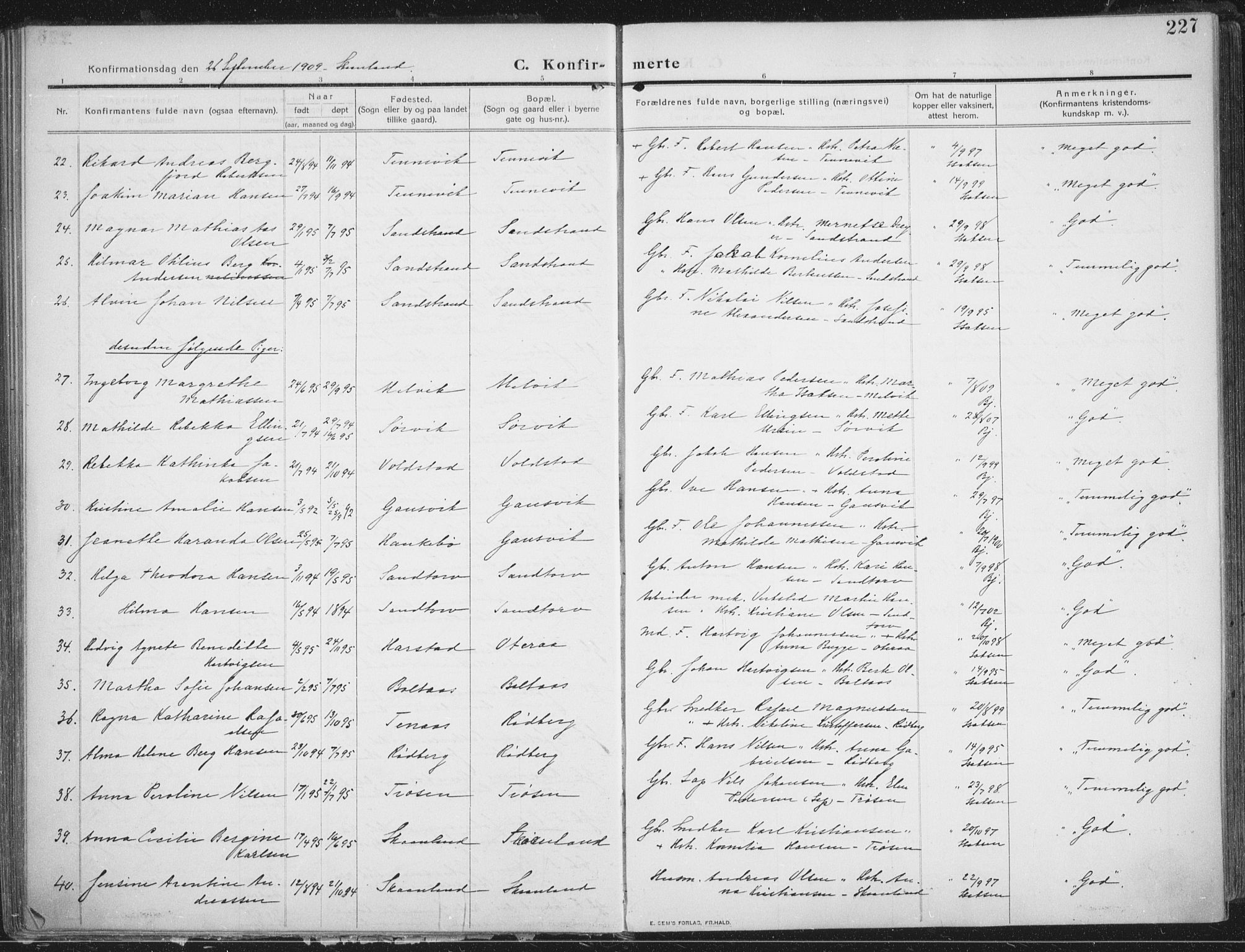 Trondenes sokneprestkontor, AV/SATØ-S-1319/H/Ha/L0018kirke: Parish register (official) no. 18, 1909-1918, p. 227