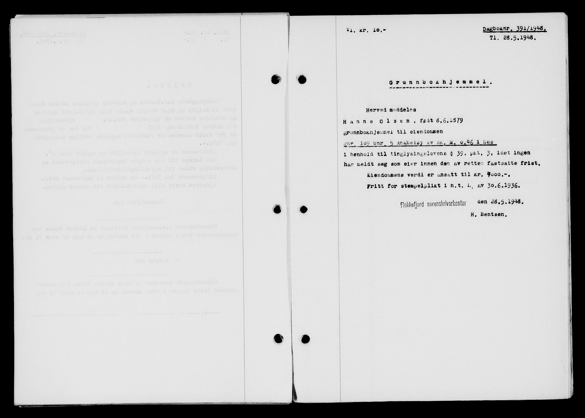 Flekkefjord sorenskriveri, SAK/1221-0001/G/Gb/Gba/L0063: Mortgage book no. A-11, 1947-1948, Diary no: : 391/1948