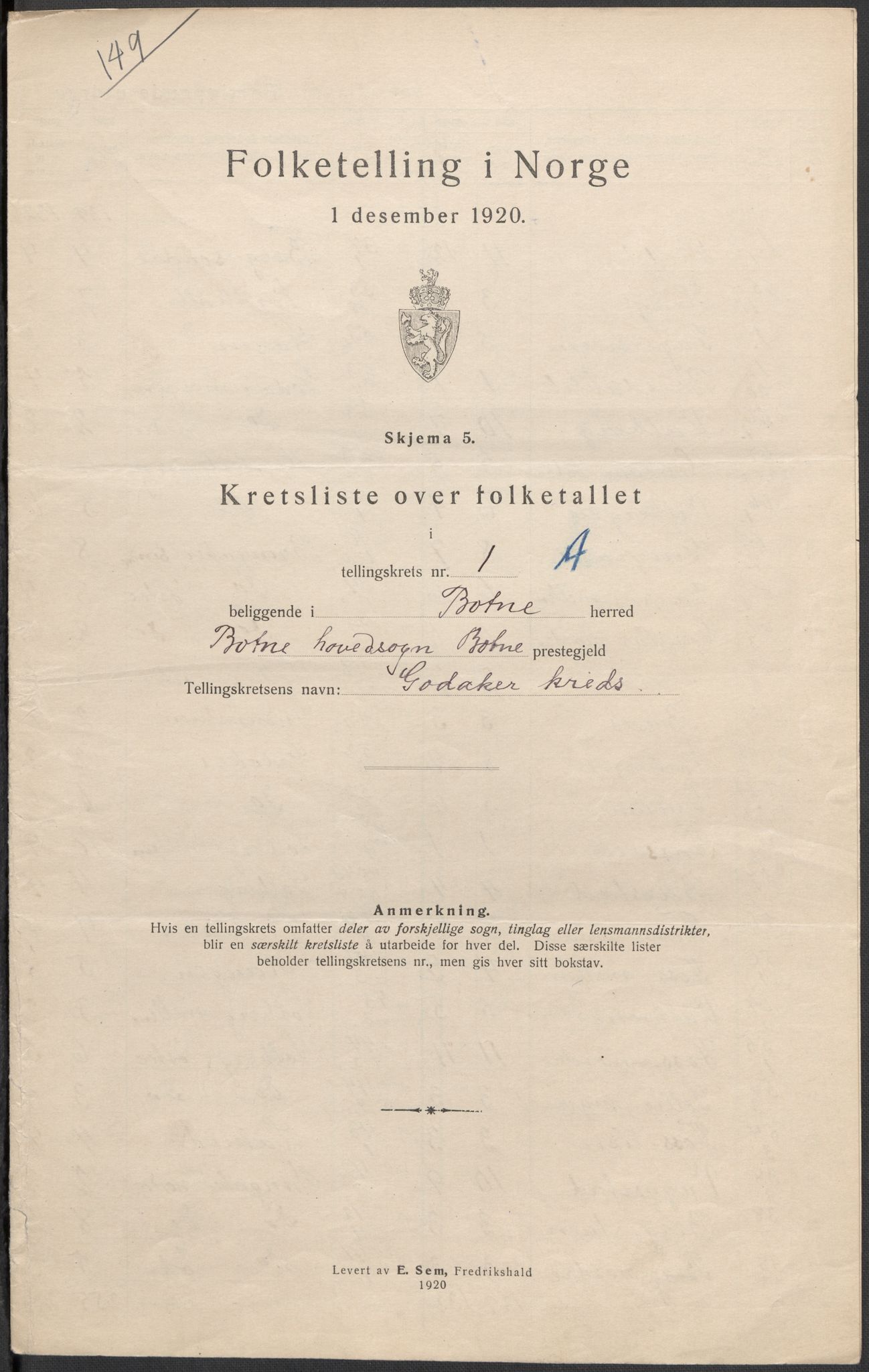 SAKO, 1920 census for Botne, 1920, p. 5
