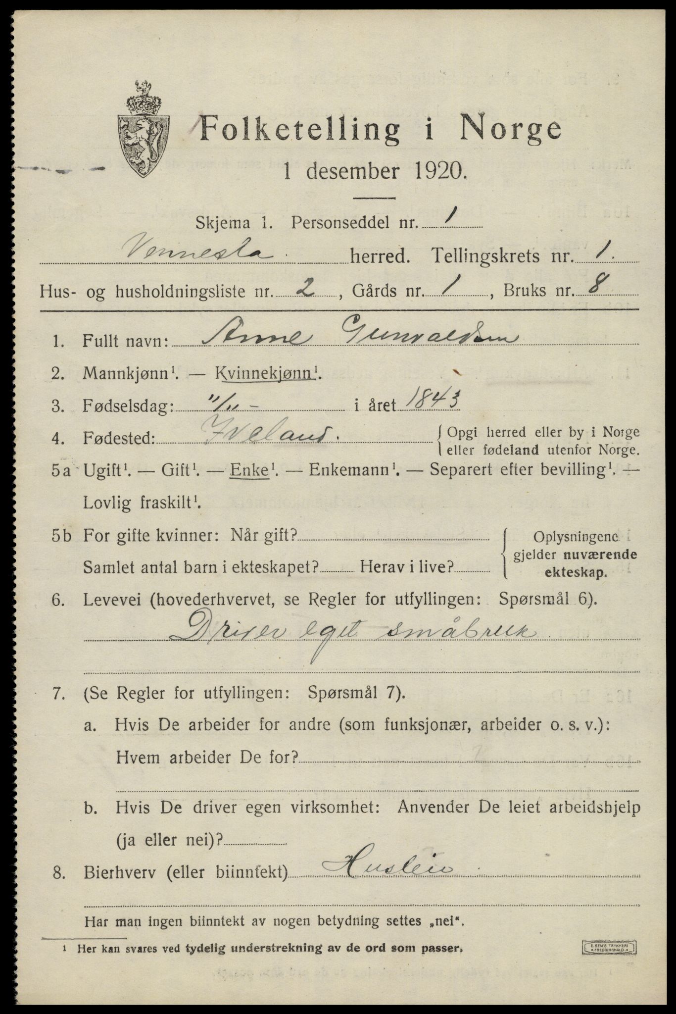 SAK, 1920 census for Vennesla, 1920, p. 944