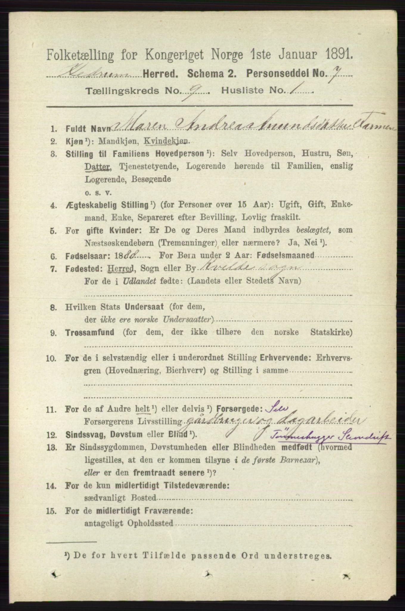 RA, 1891 census for 0727 Hedrum, 1891, p. 3923