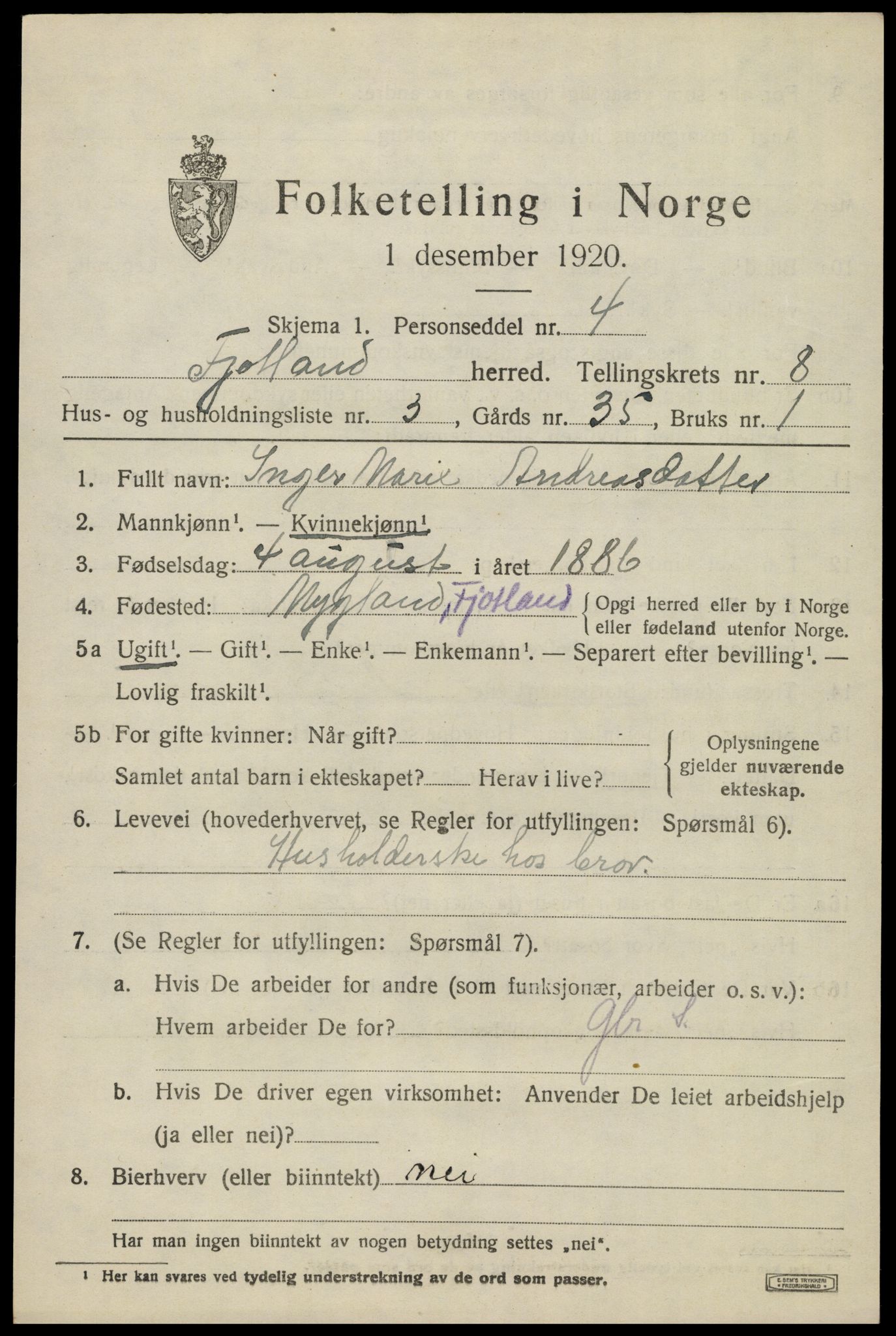 SAK, 1920 census for Fjotland, 1920, p. 2032