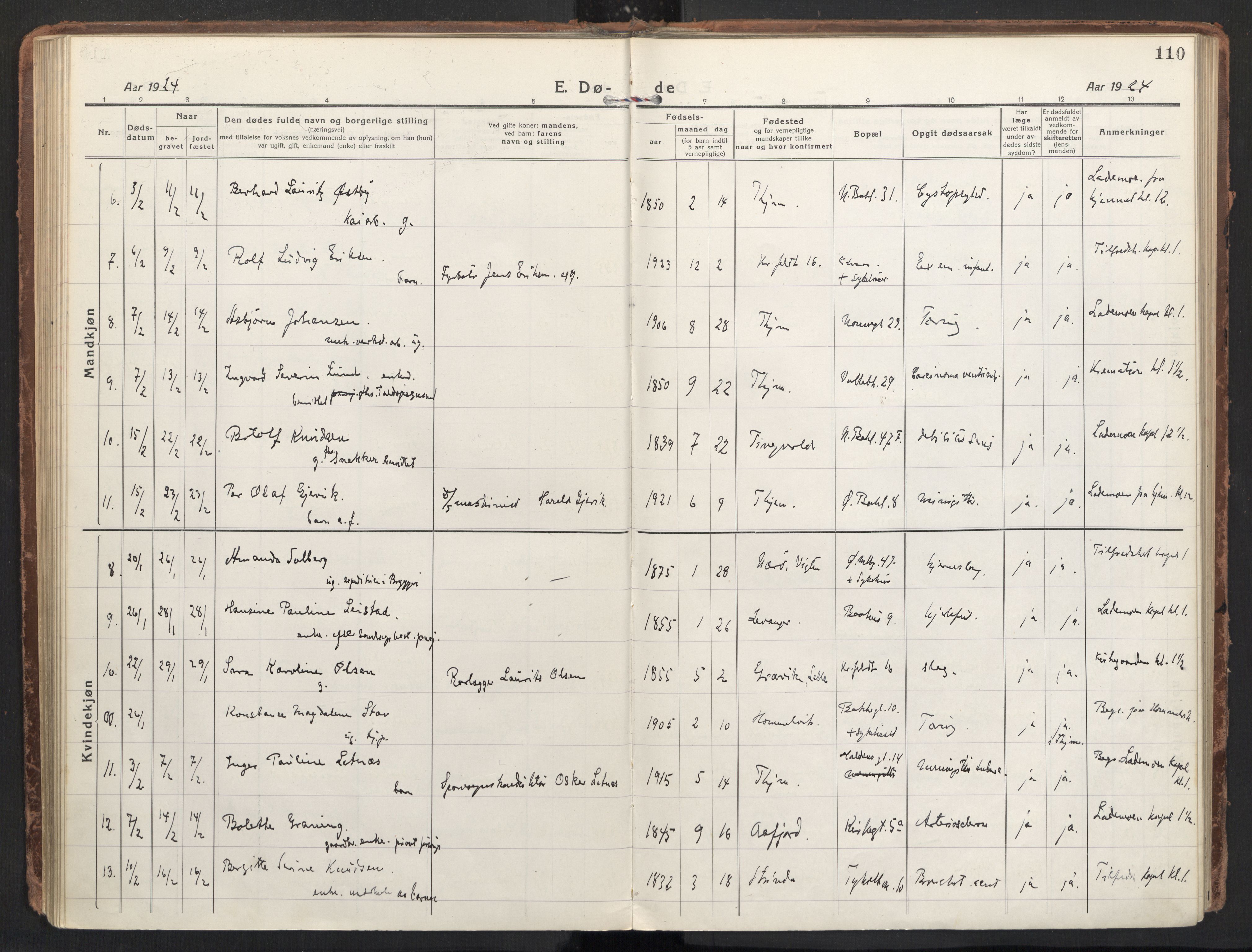 Ministerialprotokoller, klokkerbøker og fødselsregistre - Sør-Trøndelag, SAT/A-1456/604/L0207: Parish register (official) no. 604A27, 1917-1933, p. 110