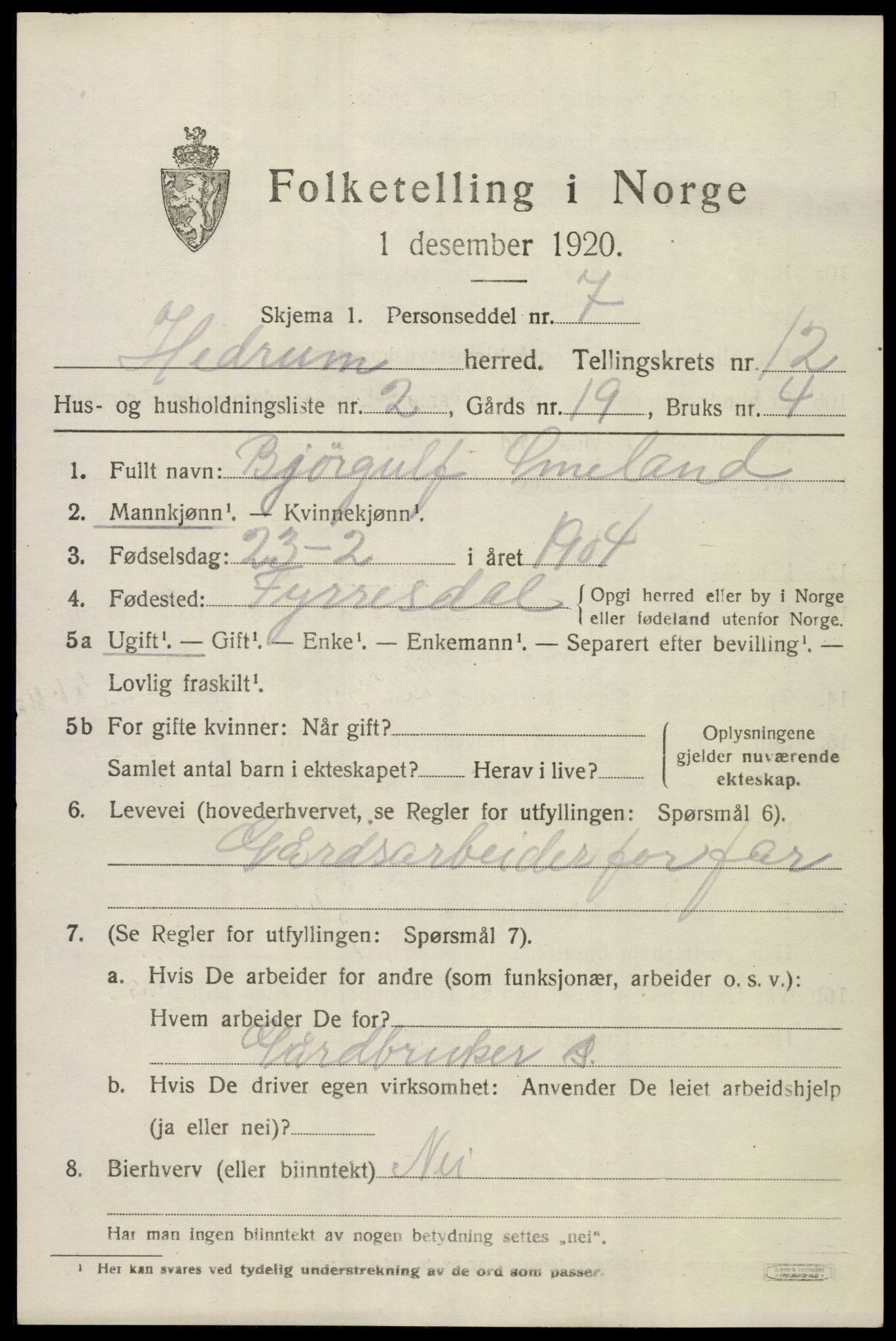 SAKO, 1920 census for Hedrum, 1920, p. 8045
