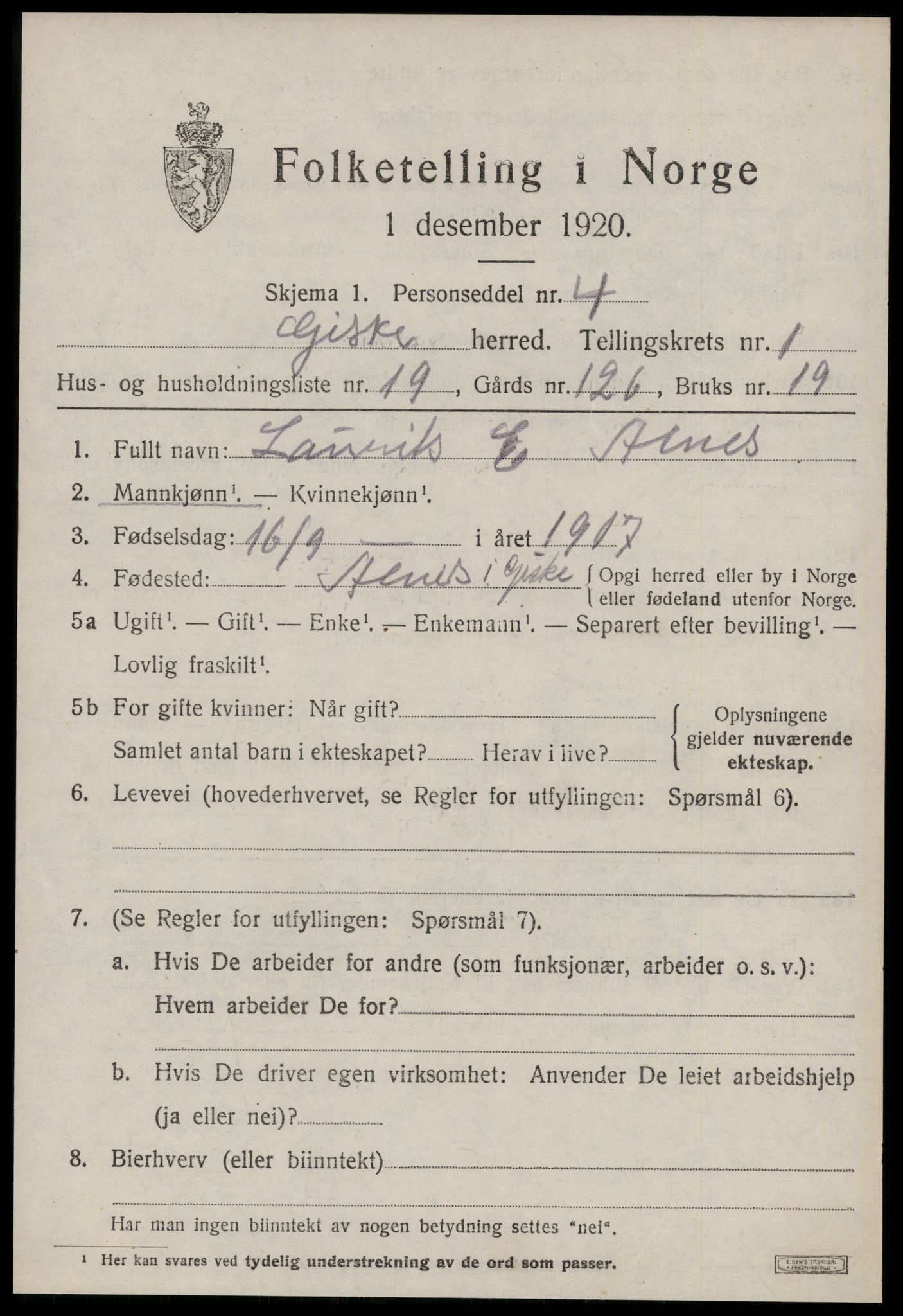 SAT, 1920 census for Giske, 1920, p. 840