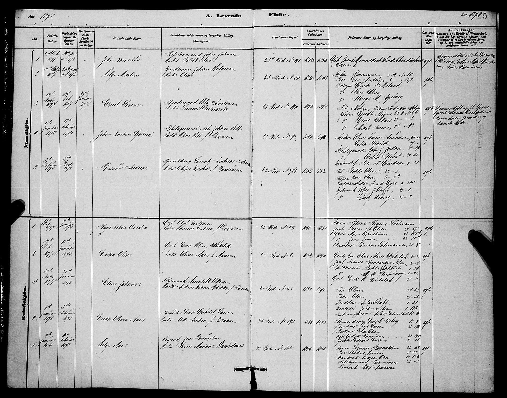 Mariakirken Sokneprestembete, SAB/A-76901/H/Hab/L0004: Parish register (copy) no. A 4, 1878-1892, p. 5
