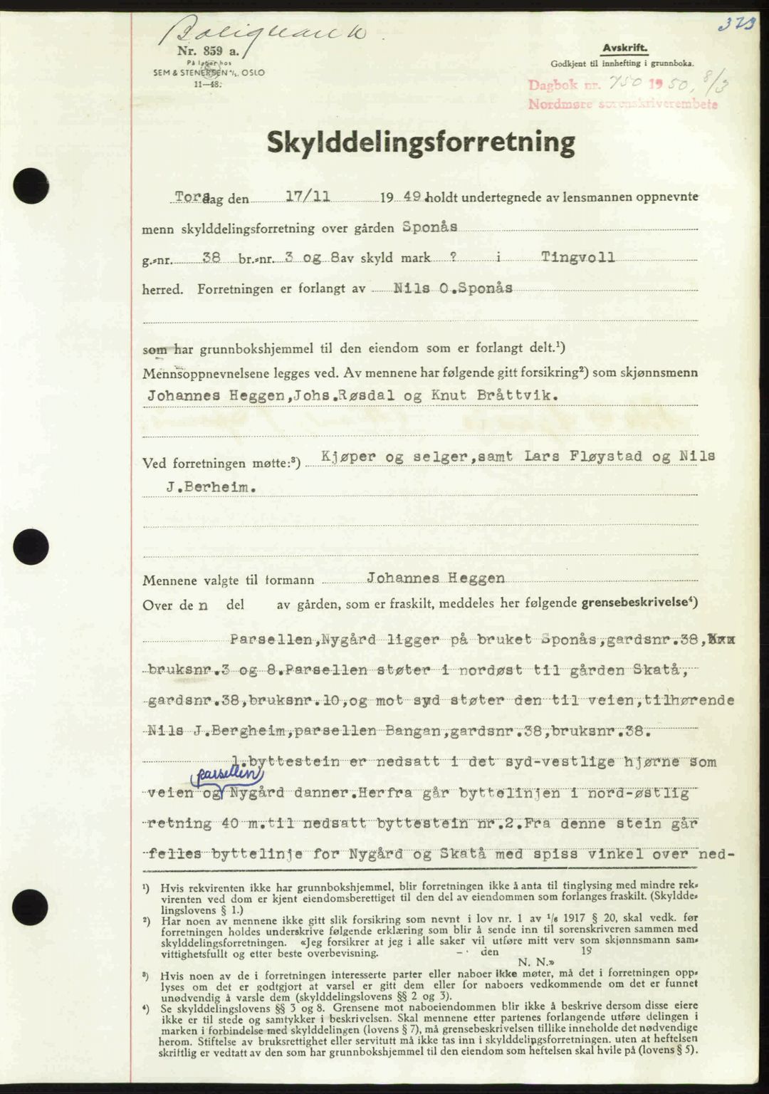 Nordmøre sorenskriveri, AV/SAT-A-4132/1/2/2Ca: Mortgage book no. A114, 1950-1950, Diary no: : 750/1950