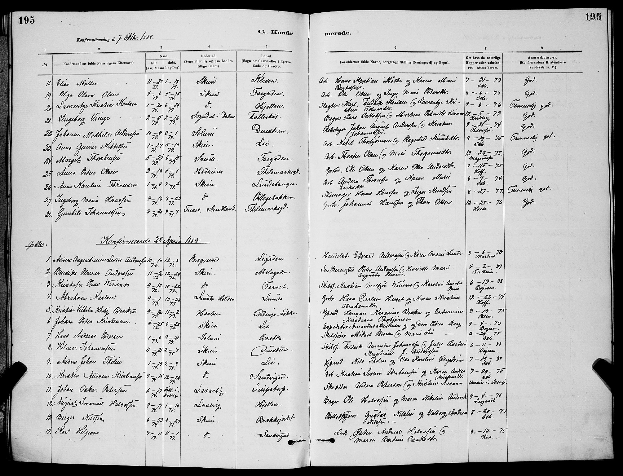 Skien kirkebøker, SAKO/A-302/G/Ga/L0006: Parish register (copy) no. 6, 1881-1890, p. 195