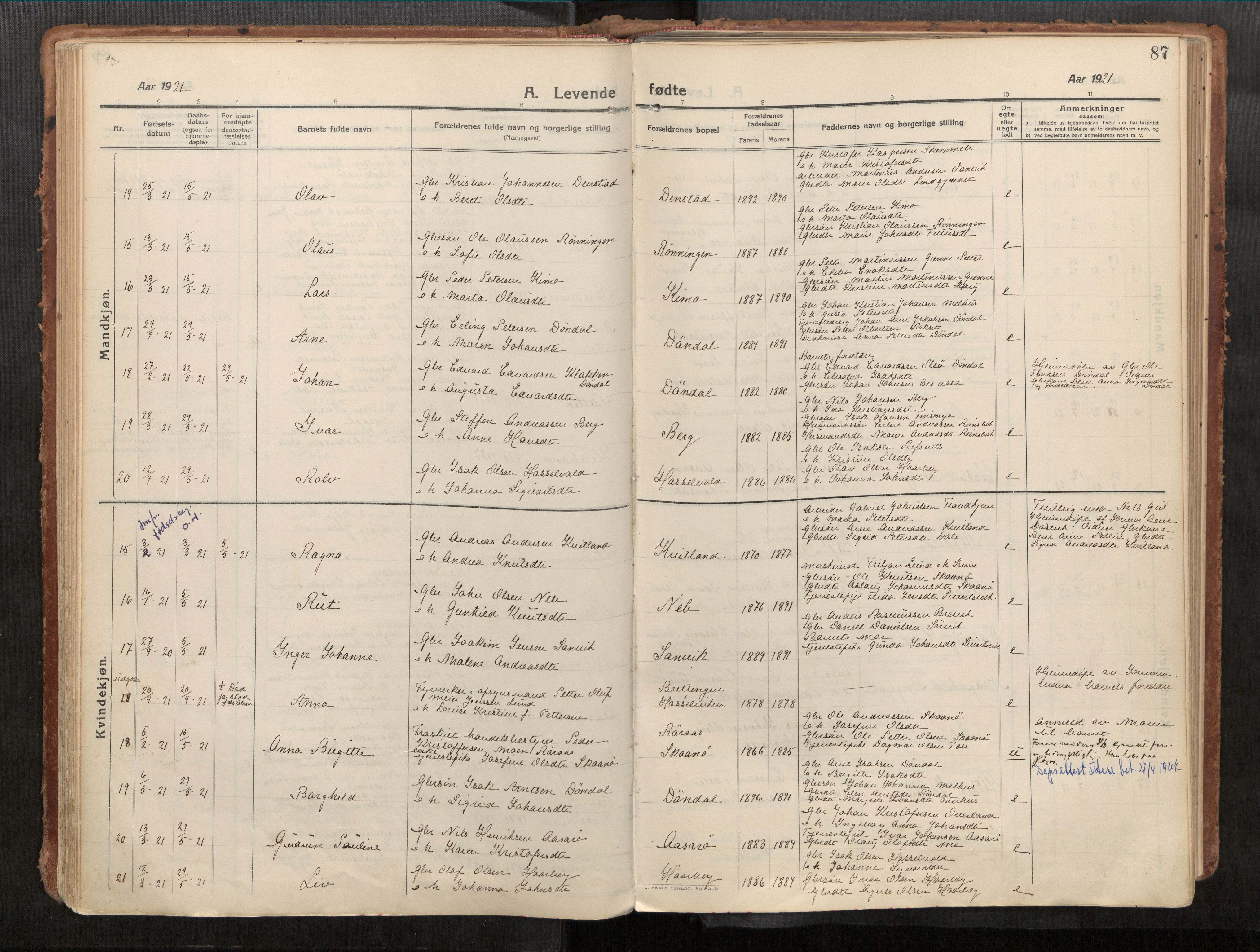 Stadsbygd sokneprestkontor, AV/SAT-A-1117/1/I/I1/I1a/L0001: Parish register (official) no. 1, 1911-1929, p. 87