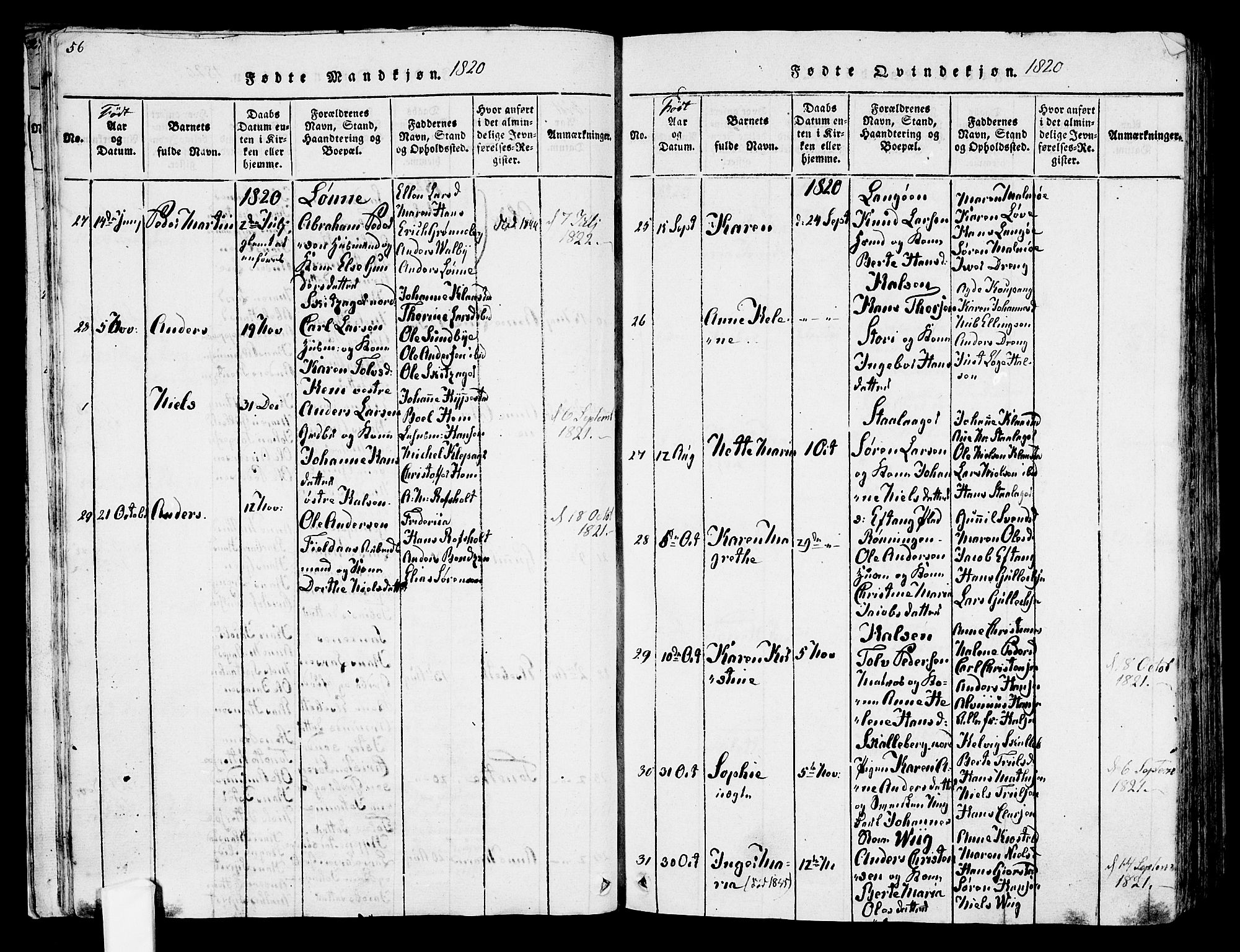 Tjølling kirkebøker, SAKO/A-60/F/Fa/L0005: Parish register (official) no. 5, 1814-1836, p. 56-57