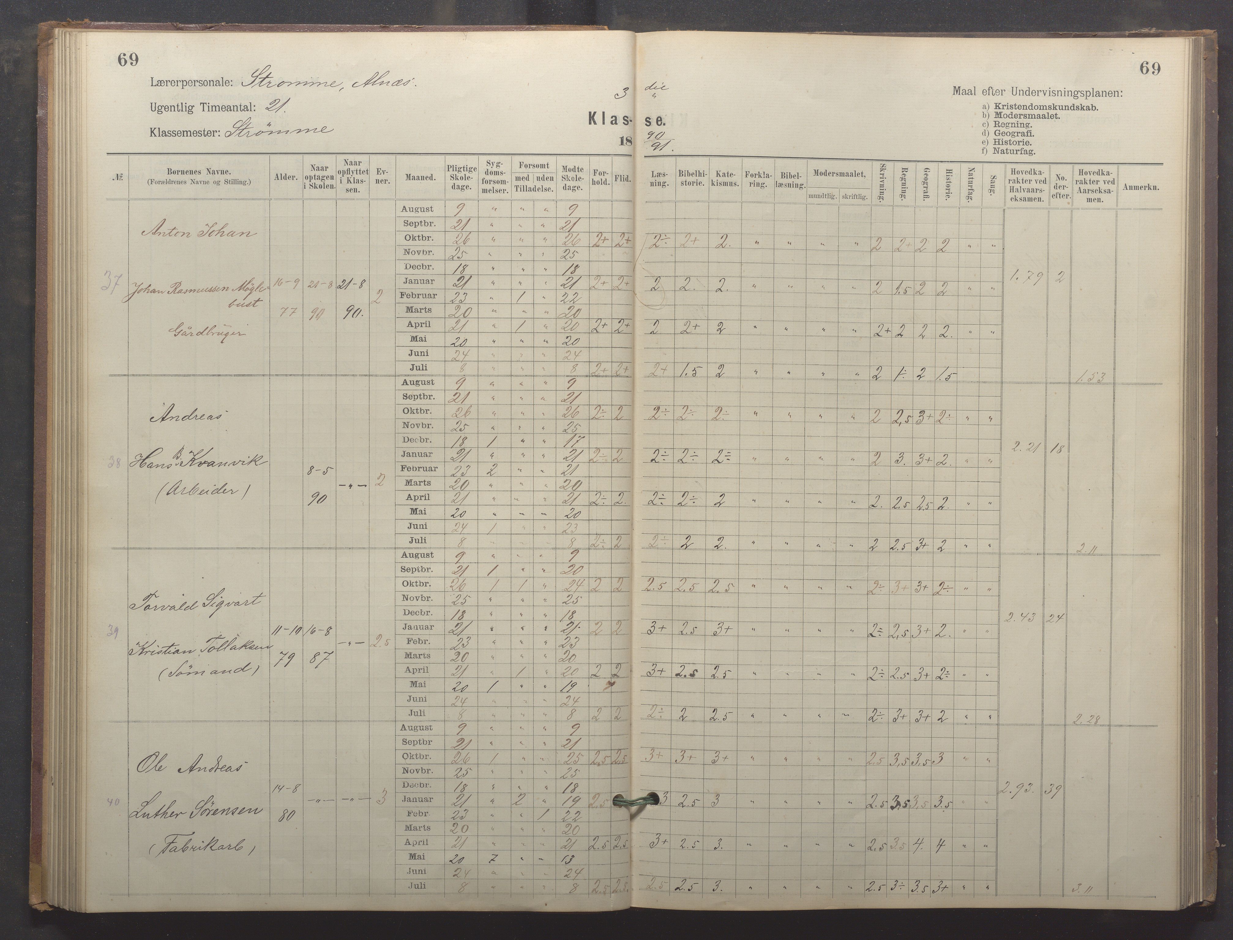 Egersund kommune (Ladested) - Egersund almueskole/folkeskole, IKAR/K-100521/H/L0024: Skoleprotokoll - Almueskolen, 3. klasse, 1887-1892, p. 69