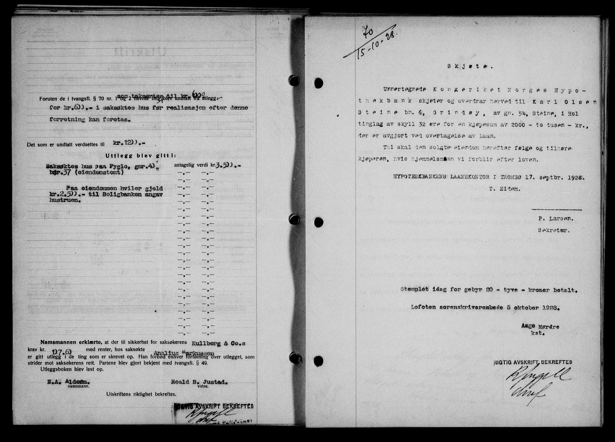 Lofoten sorenskriveri, SAT/A-0017/1/2/2C/L0018b: Mortgage book no. 18b, 1928-1928, Deed date: 15.10.1928