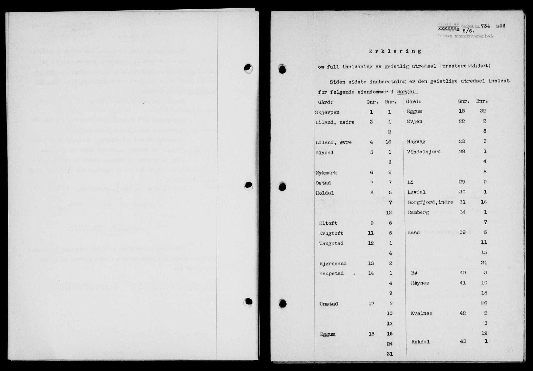 Lofoten sorenskriveri, SAT/A-0017/1/2/2C/L0011a: Mortgage book no. 11a, 1943-1943, Diary no: : 734/1943