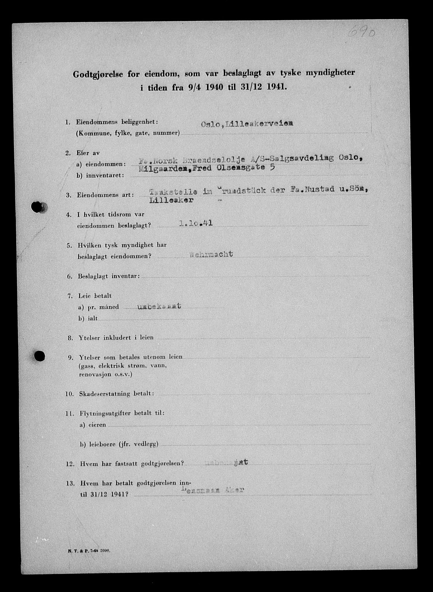 Justisdepartementet, Tilbakeføringskontoret for inndratte formuer, AV/RA-S-1564/I/L1011: Godtgjørelse for beslaglagt eiendom, 1940-1941, p. 308