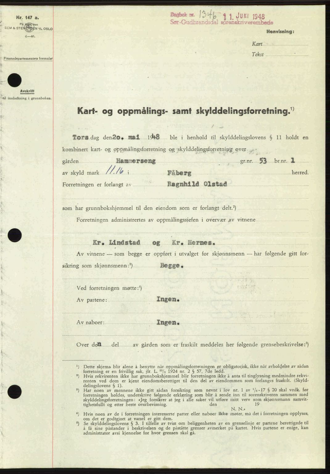 Sør-Gudbrandsdal tingrett, SAH/TING-004/H/Hb/Hbd/L0022: Mortgage book no. A22, 1948-1948, Diary no: : 1346/1948