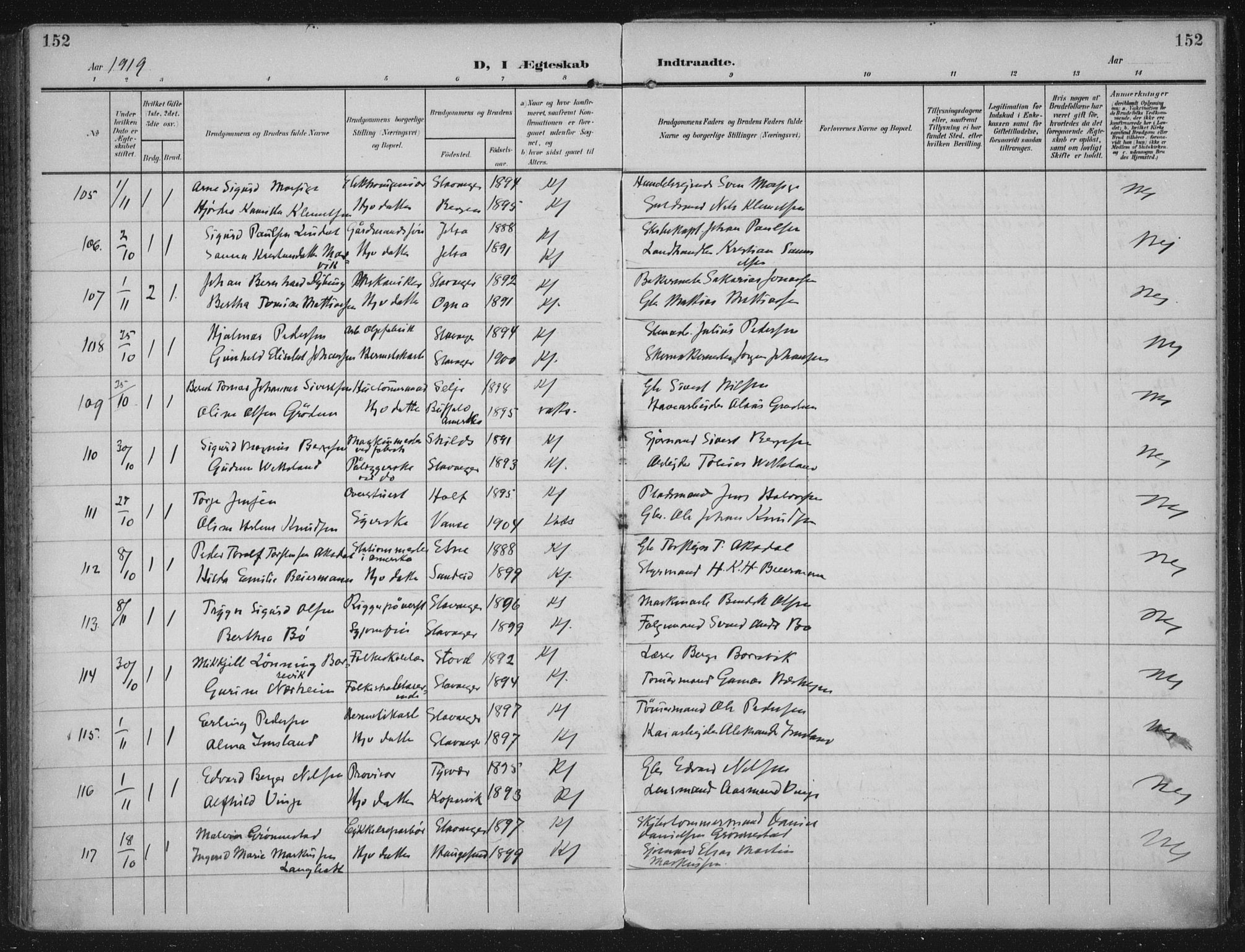 Domkirken sokneprestkontor, AV/SAST-A-101812/002/A/L0016: Parish register (official) no. A 33, 1905-1922, p. 152