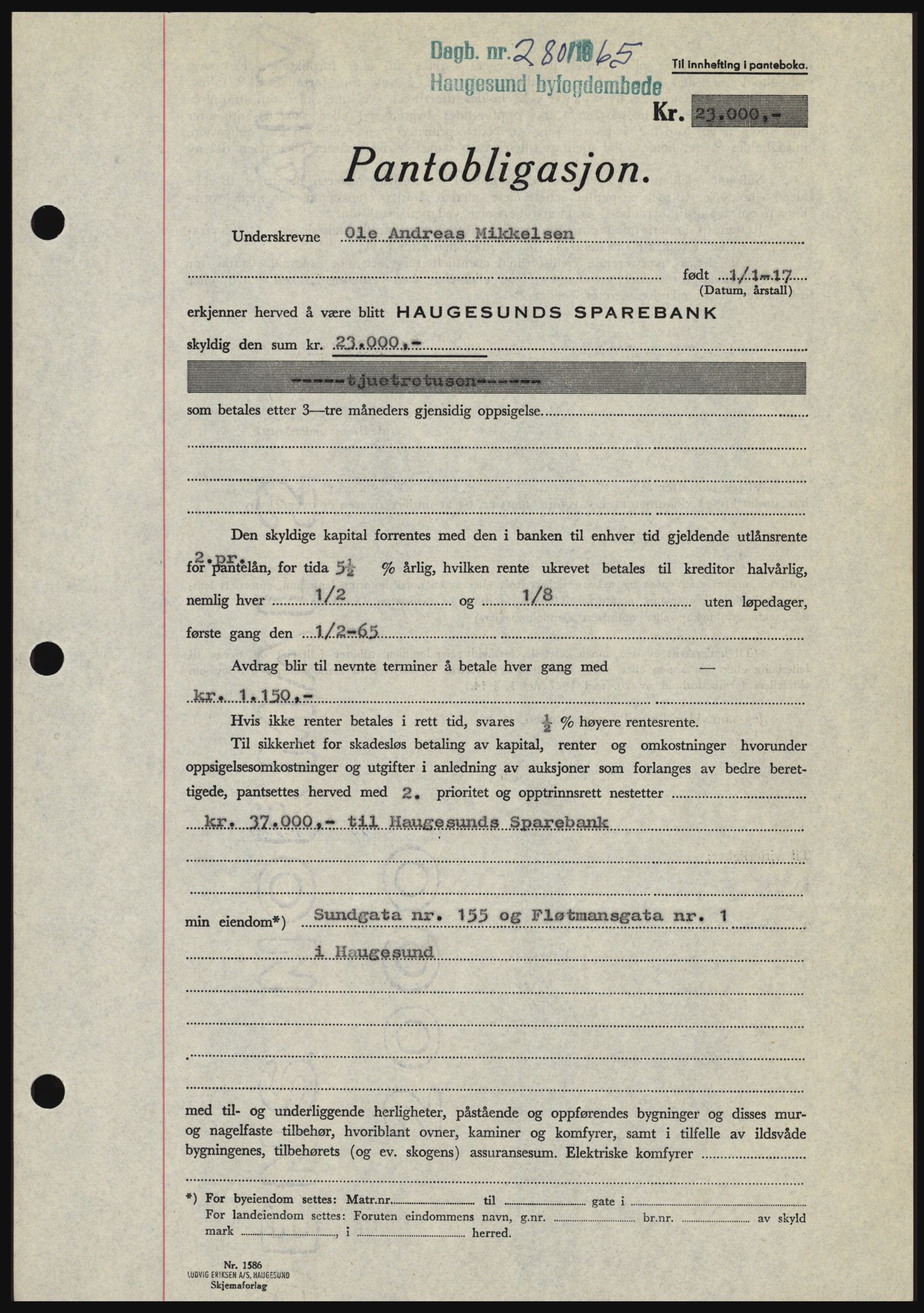 Haugesund tingrett, SAST/A-101415/01/II/IIC/L0053: Mortgage book no. B 53, 1965-1965, Diary no: : 280/1965