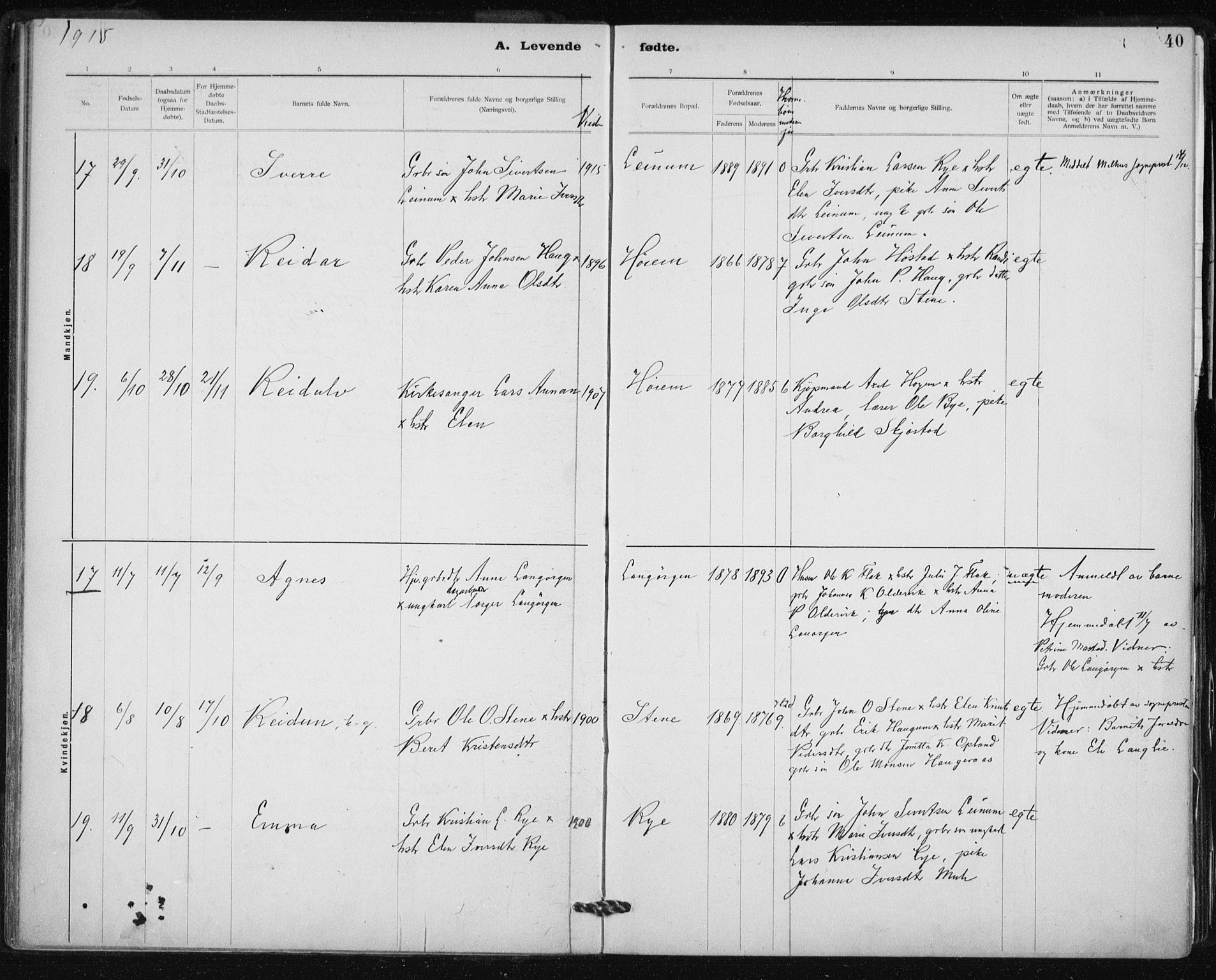 Ministerialprotokoller, klokkerbøker og fødselsregistre - Sør-Trøndelag, SAT/A-1456/612/L0381: Parish register (official) no. 612A13, 1907-1923, p. 40