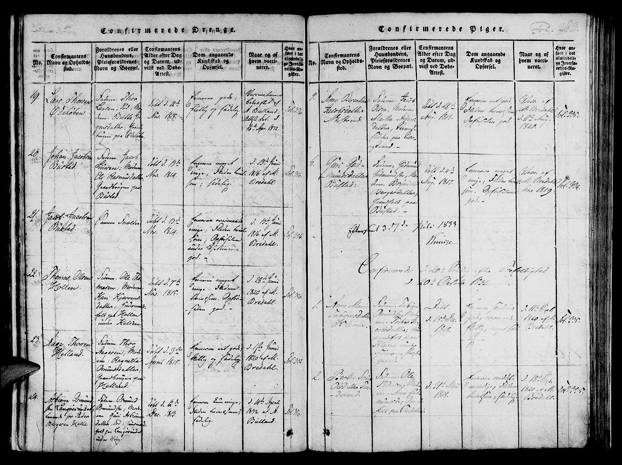 Nedstrand sokneprestkontor, AV/SAST-A-101841/01/IV: Parish register (official) no. A 6, 1816-1838, p. 263