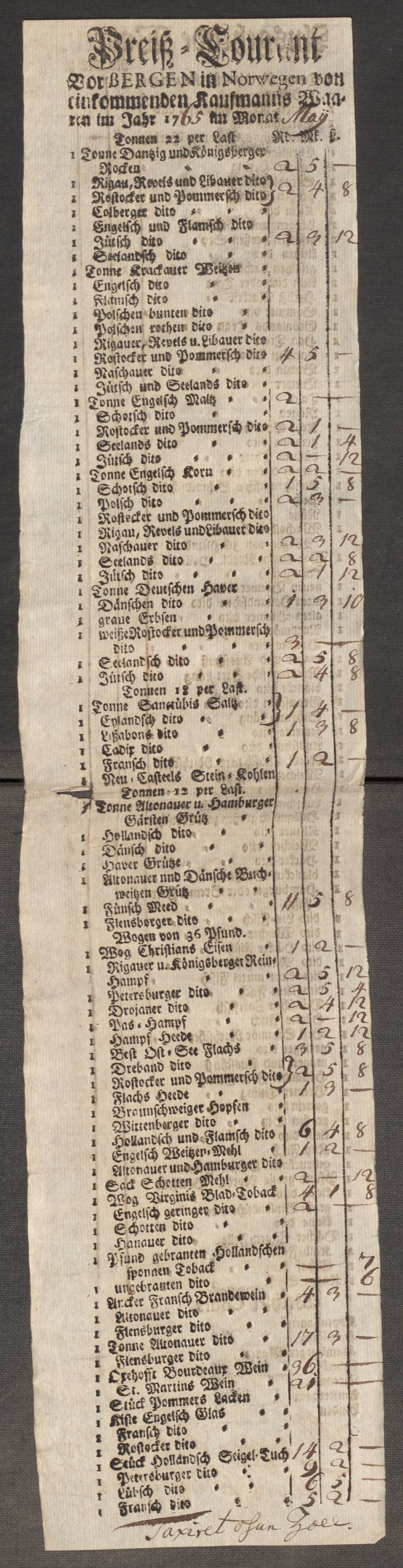 Rentekammeret inntil 1814, Realistisk ordnet avdeling, AV/RA-EA-4070/Oe/L0009: [Ø1]: Nordafjelske priskuranter, 1759-1768, p. 283