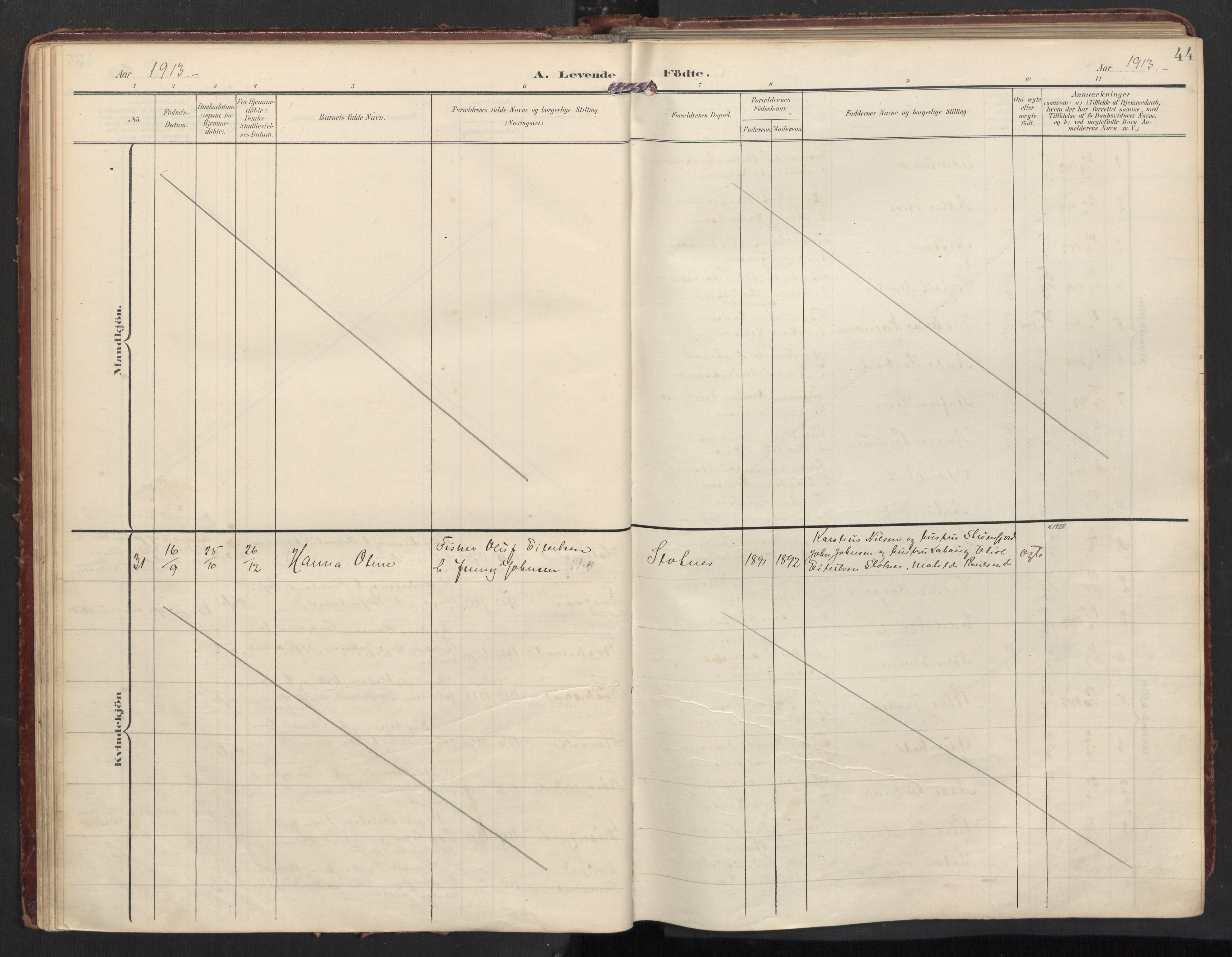 Ministerialprotokoller, klokkerbøker og fødselsregistre - Nordland, AV/SAT-A-1459/890/L1287: Parish register (official) no. 890A02, 1903-1915, p. 44