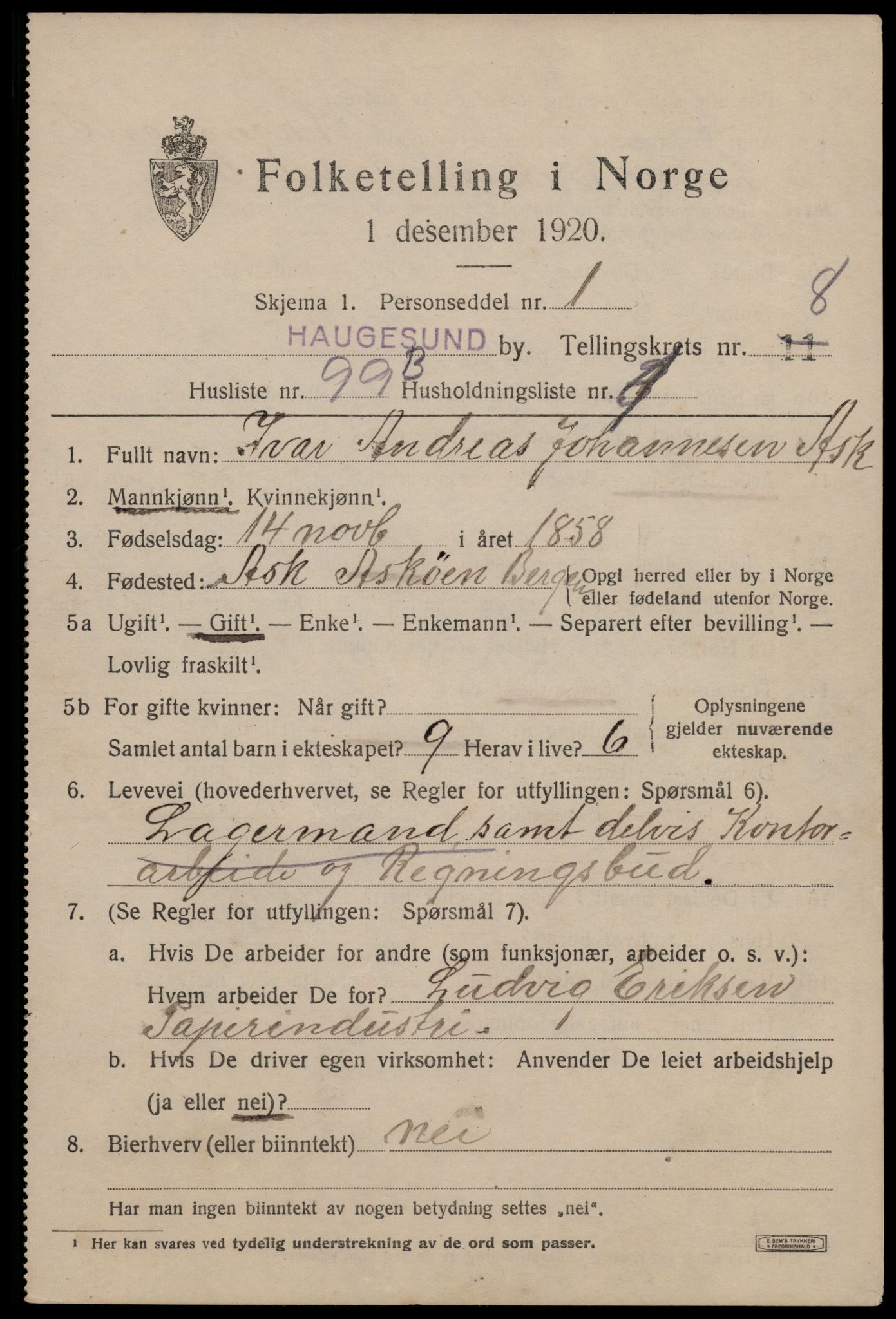 SAST, 1920 census for Haugesund, 1920, p. 37961