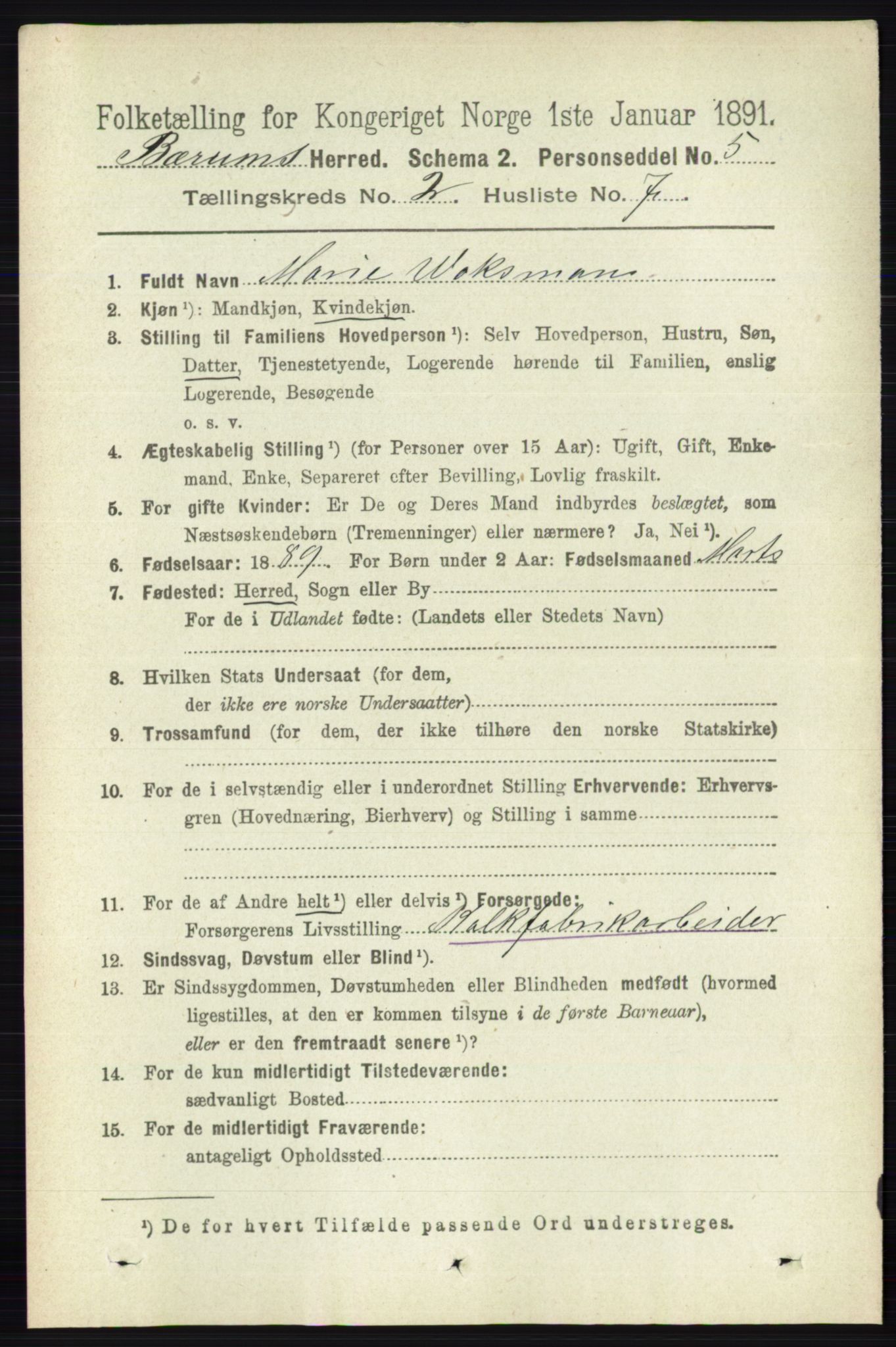 RA, 1891 census for 0219 Bærum, 1891, p. 1124