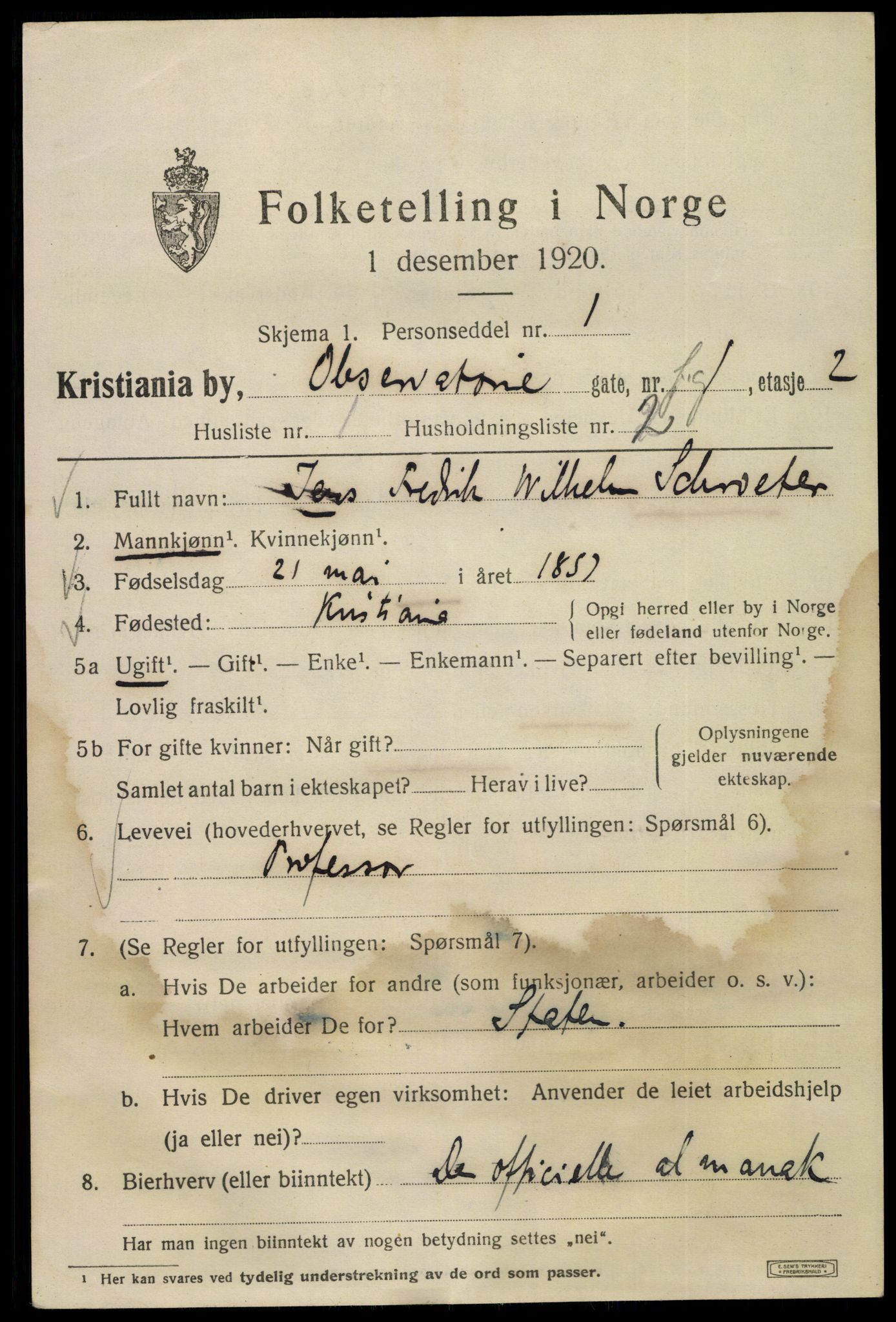 SAO, 1920 census for Kristiania, 1920, p. 428073