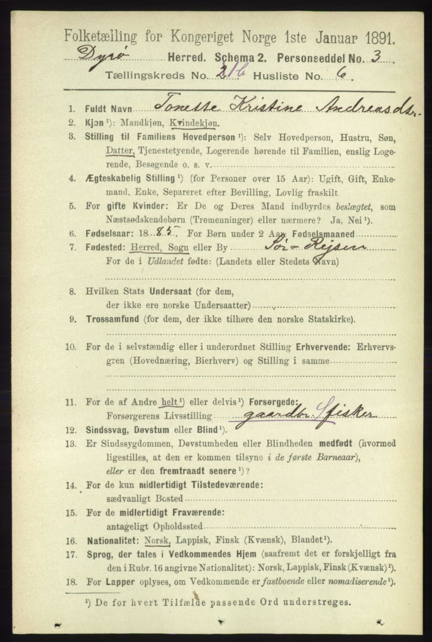 RA, 1891 census for 1926 Dyrøy, 1891, p. 420