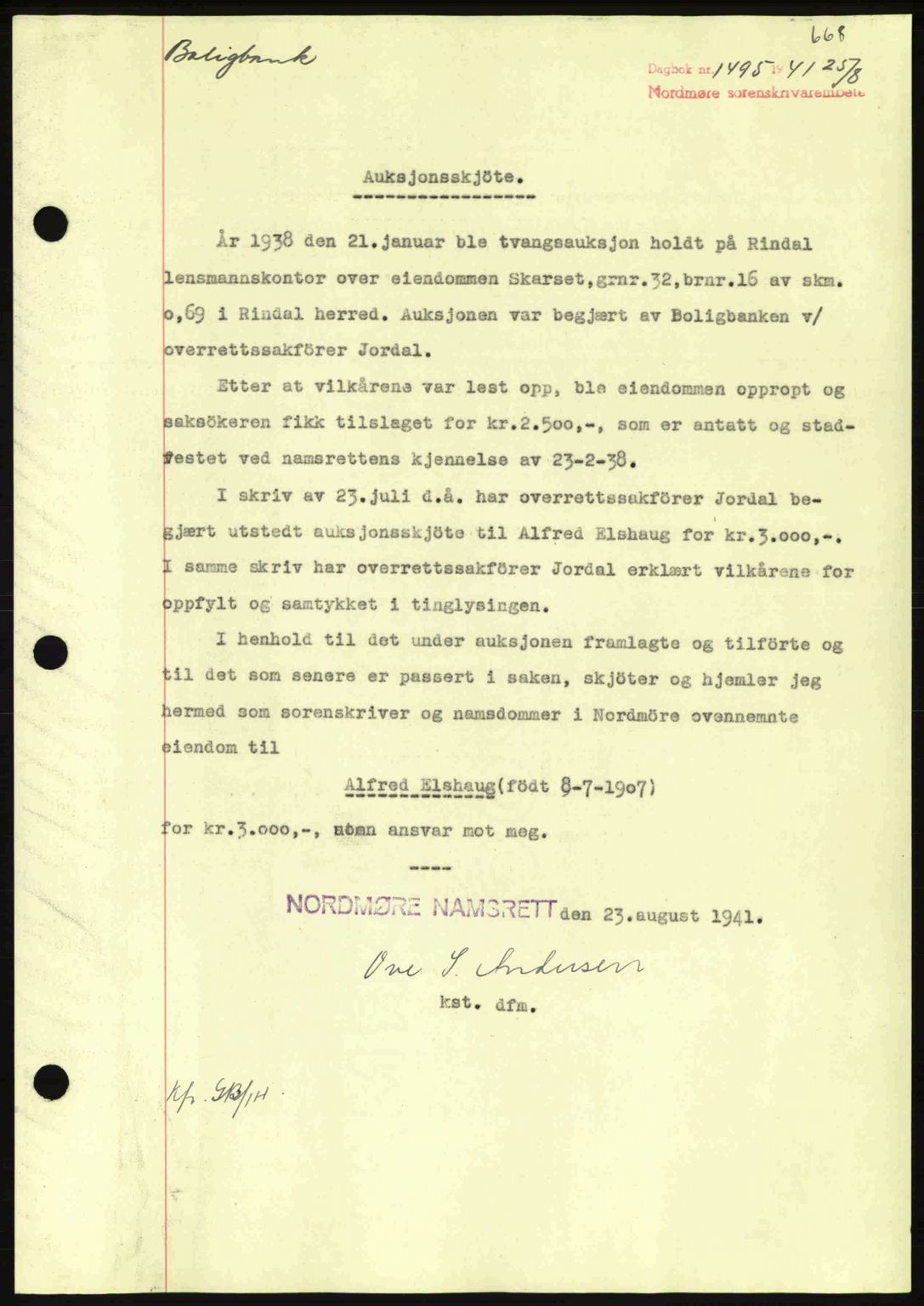 Nordmøre sorenskriveri, SAT/A-4132/1/2/2Ca: Mortgage book no. A90, 1941-1941, Diary no: : 1495/1941