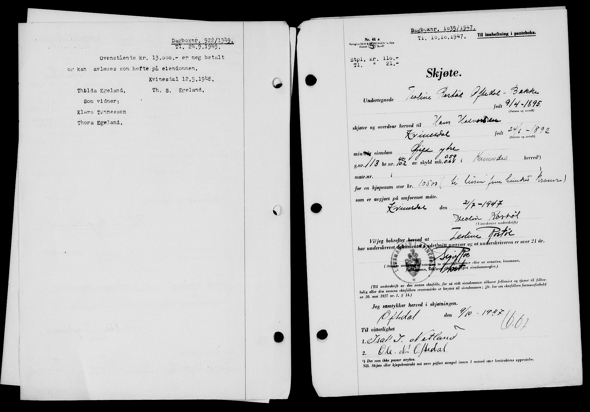 Flekkefjord sorenskriveri, SAK/1221-0001/G/Gb/Gba/L0062: Mortgage book no. A-10, 1947-1947, Diary no: : 1035/1947