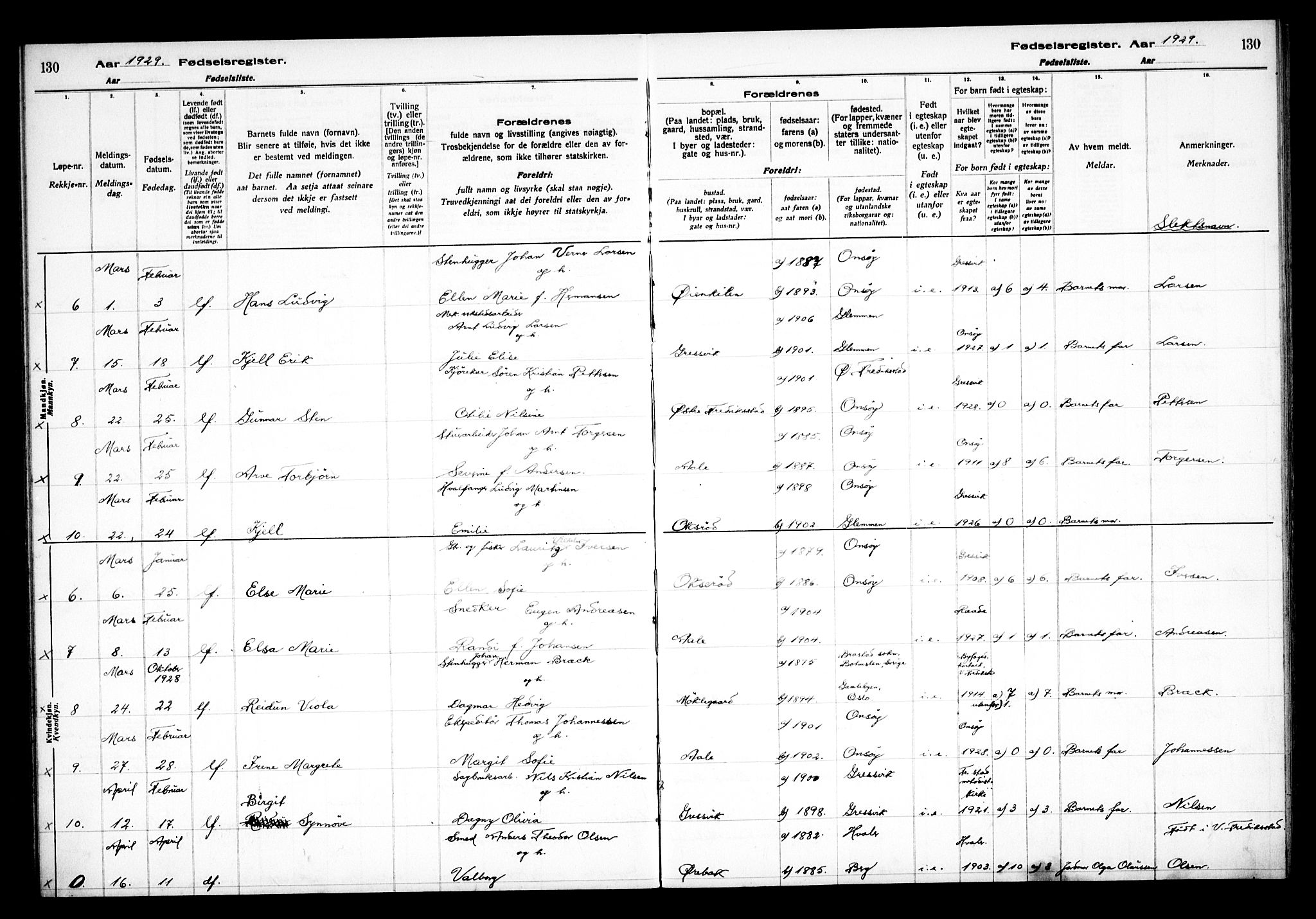 Onsøy prestekontor Kirkebøker, AV/SAO-A-10914/J/Jb/L0001: Birth register no. II 1, 1916-1938, p. 130