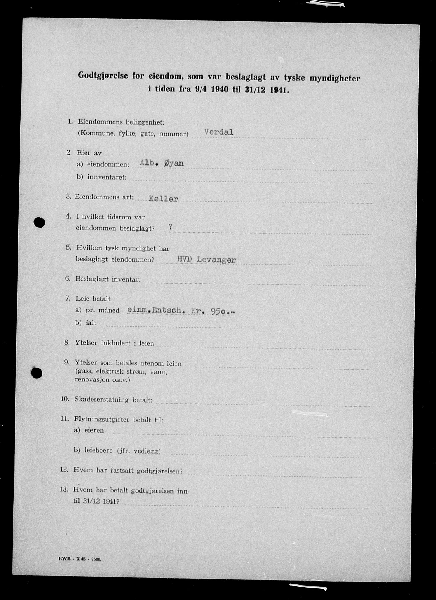 Justisdepartementet, Tilbakeføringskontoret for inndratte formuer, AV/RA-S-1564/I/L1019: Godtgjørelse for beslaglagt eiendom, 1940-1941, p. 92